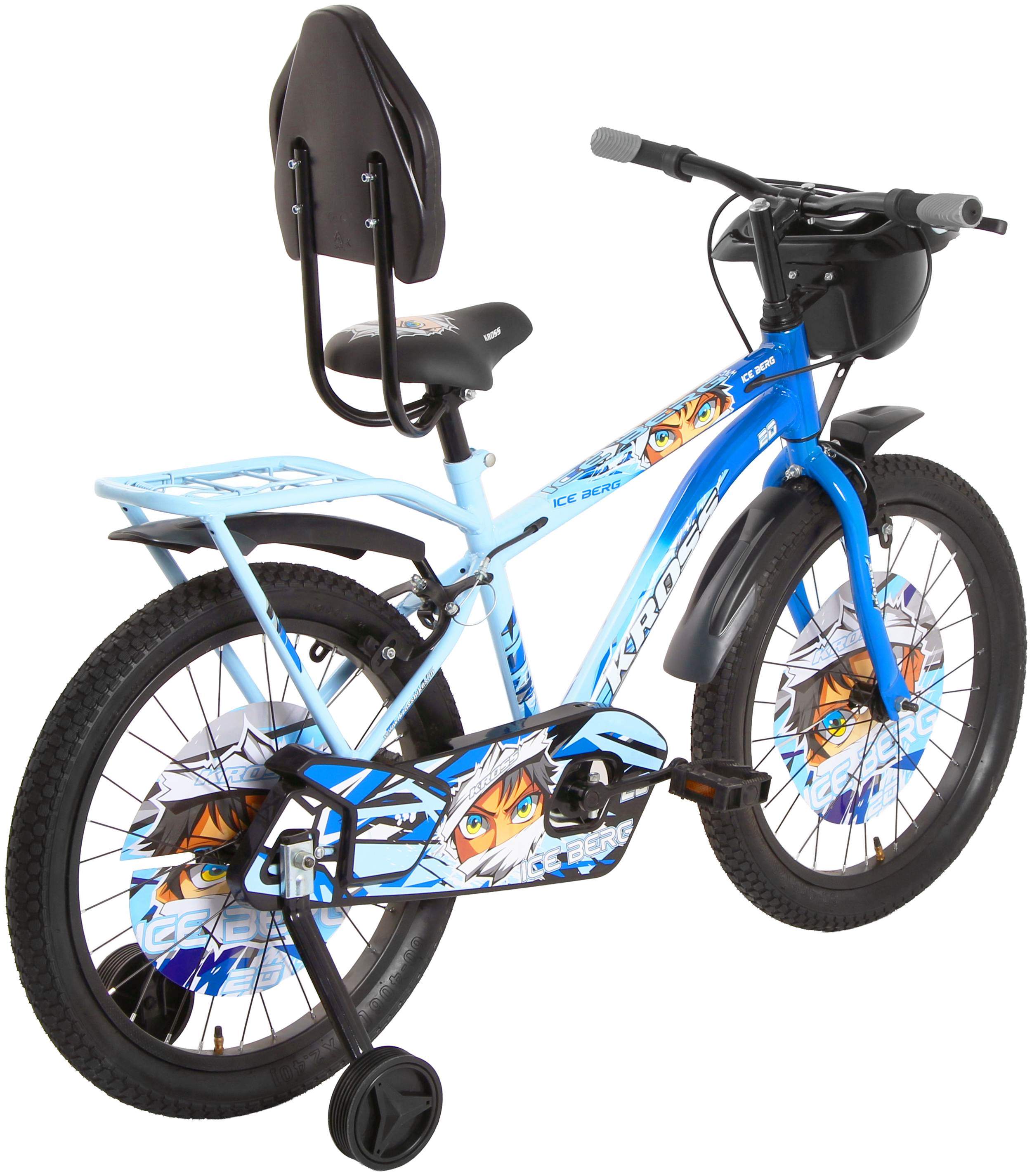 Kross Ice Berg 20T Kids Bicycle – Single Speed, Steel Frame, Caliper Brakes, Basket, Backrest & Side Supporters (Blue)