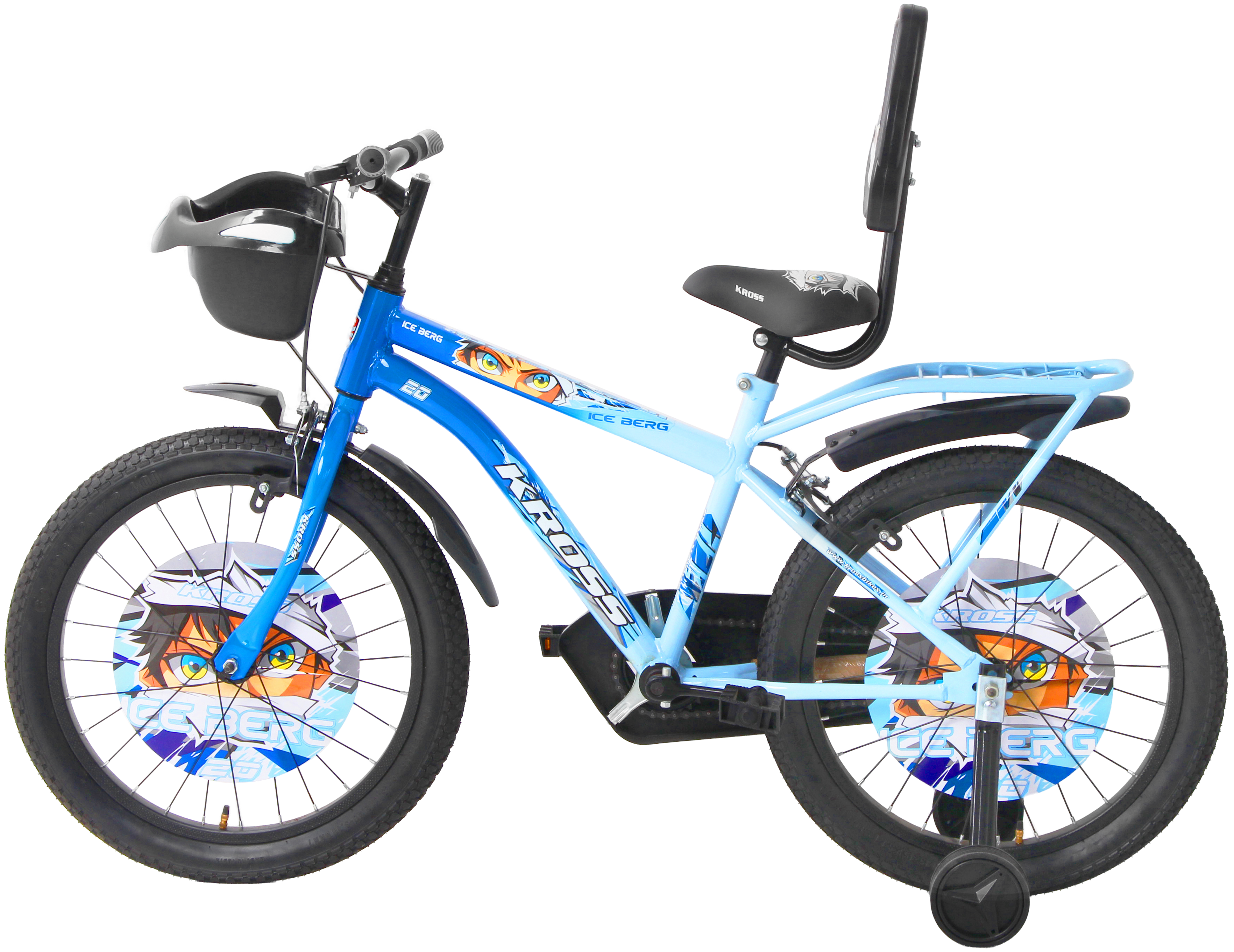 Kross Ice Berg 20T Kids Bicycle – Single Speed, Steel Frame, Caliper Brakes, Basket, Backrest & Side Supporters (Blue)