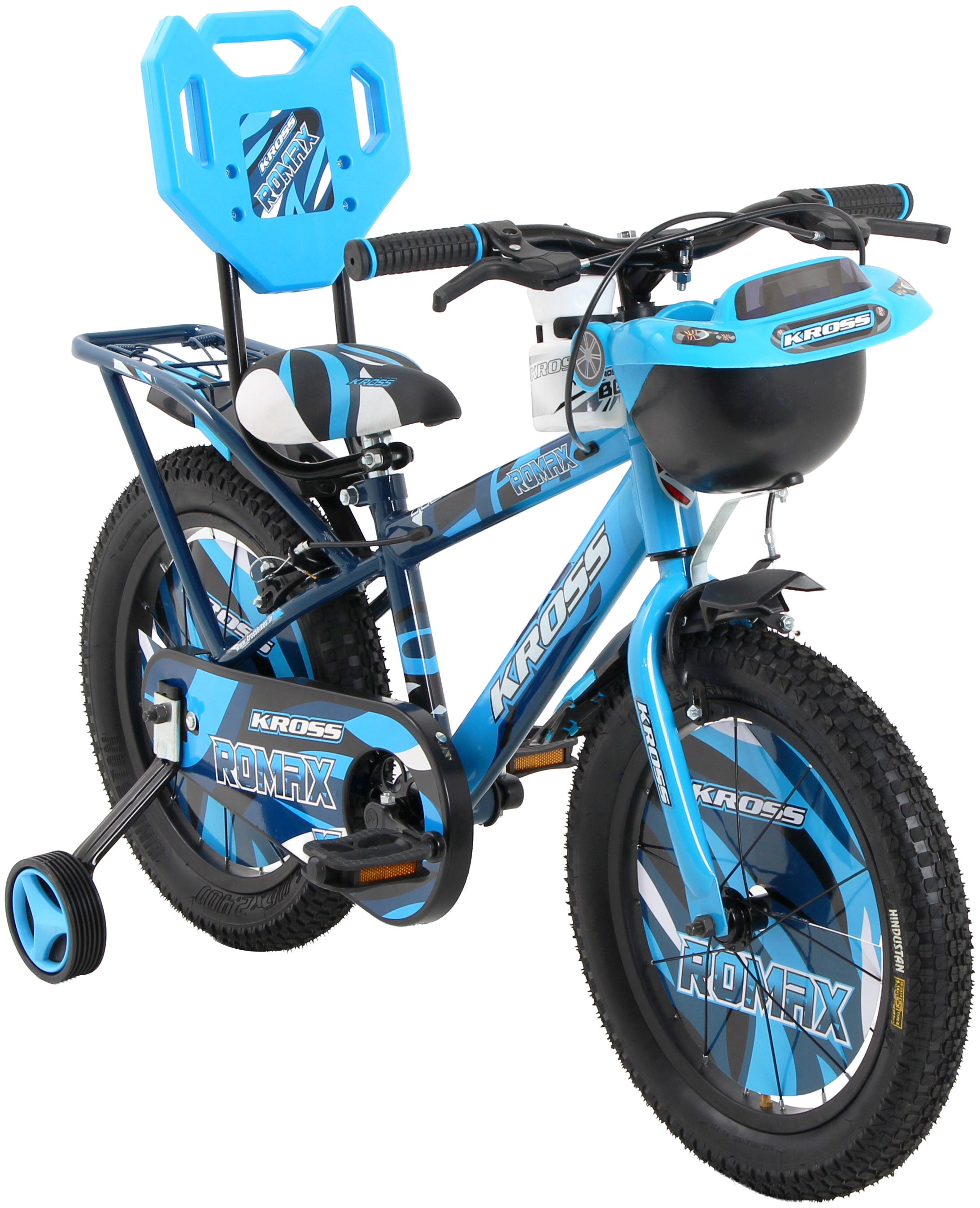 KROSS Romax 16T Kids Bicycle – Single Speed, Dual-Color Steel Frame, Caliper Brakes, Basket, Bottle Holder & Side Supporters (Blue)