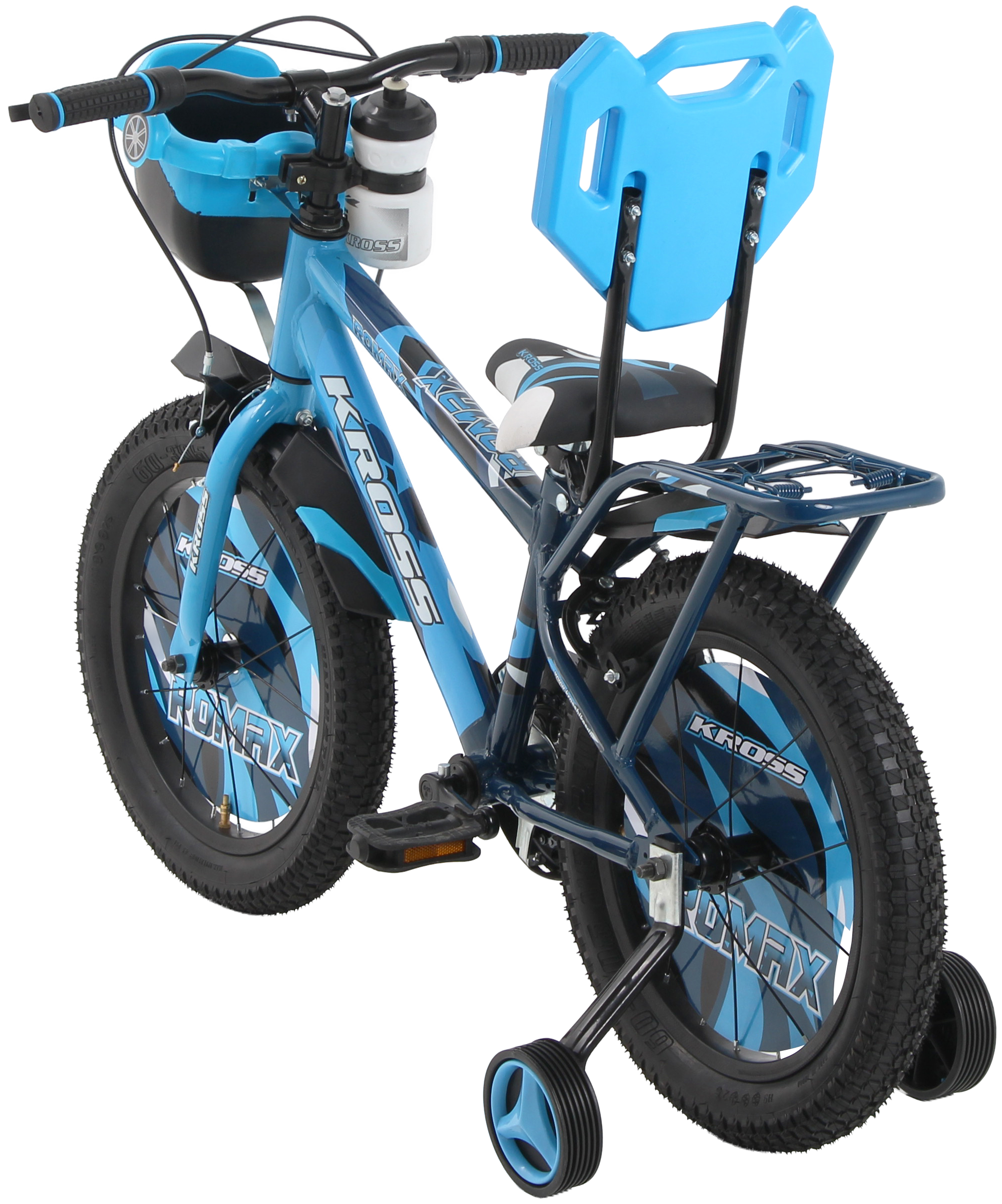 KROSS Romax 16T Kids Bicycle – Single Speed, Dual-Color Steel Frame, Caliper Brakes, Basket, Bottle Holder & Side Supporters (Blue)