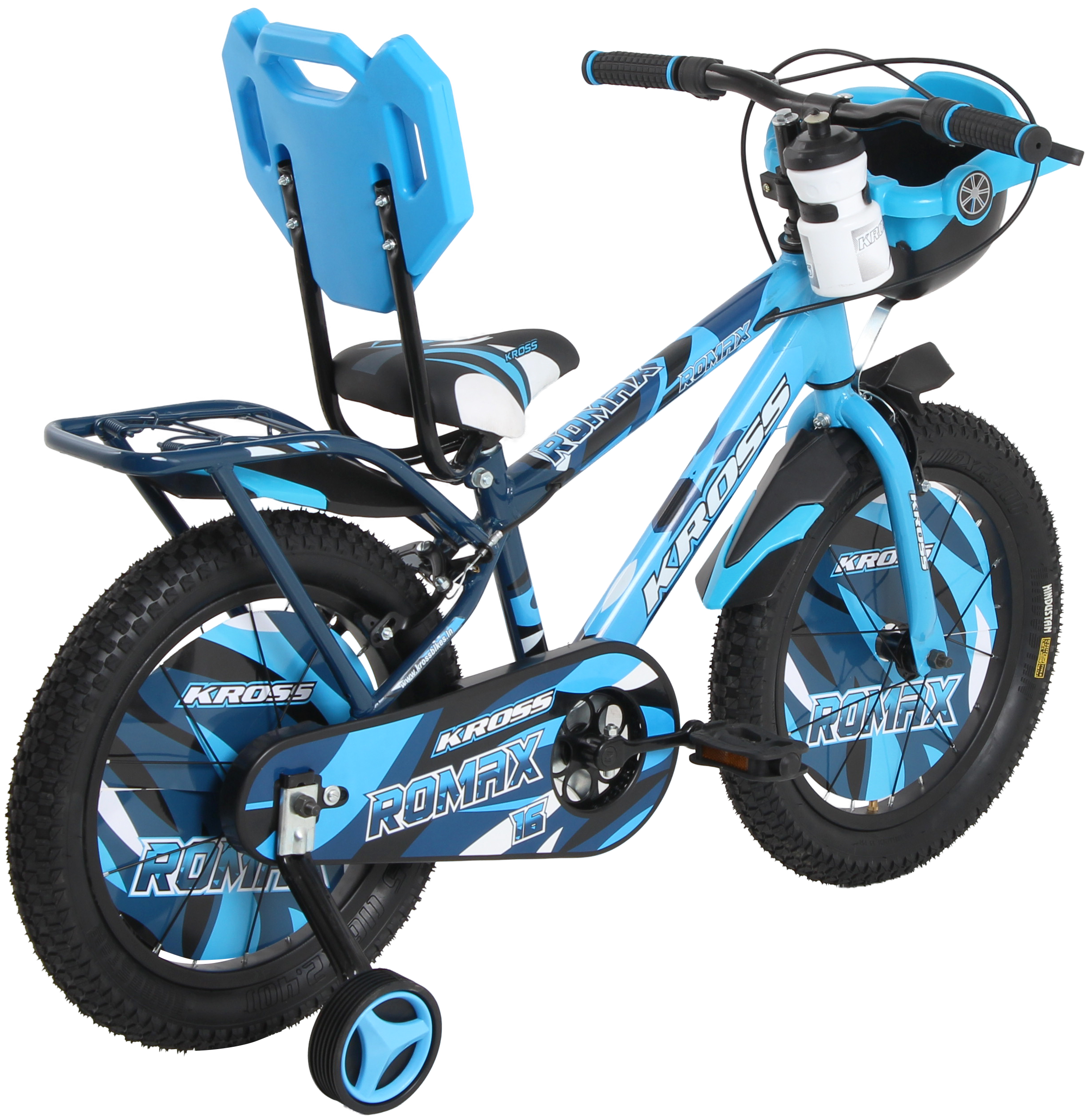 KROSS Romax 16T Kids Bicycle – Single Speed, Dual-Color Steel Frame, Caliper Brakes, Basket, Bottle Holder & Side Supporters (Blue)
