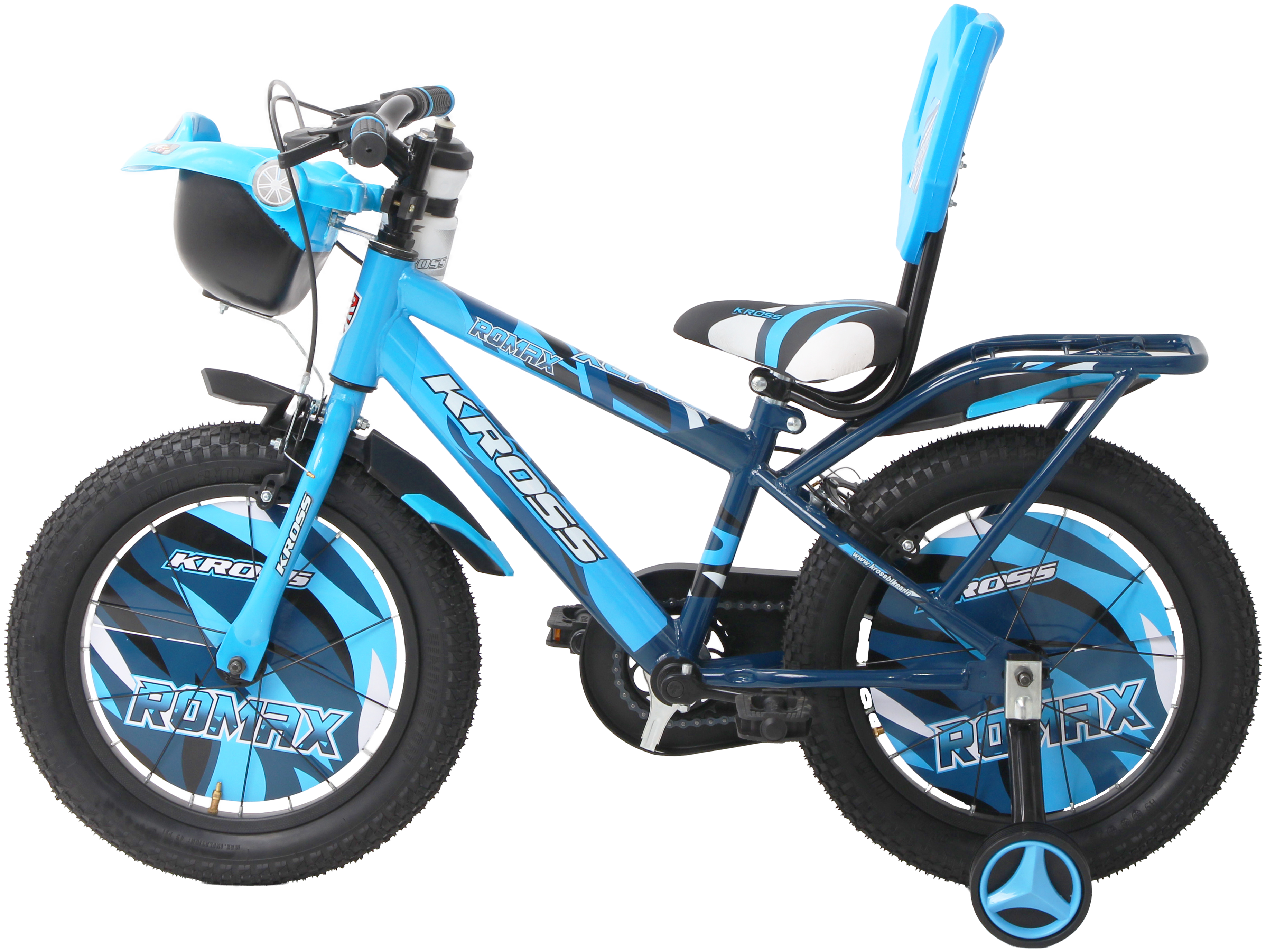 KROSS Romax 16T Kids Bicycle – Single Speed, Dual-Color Steel Frame, Caliper Brakes, Basket, Bottle Holder & Side Supporters (Blue)