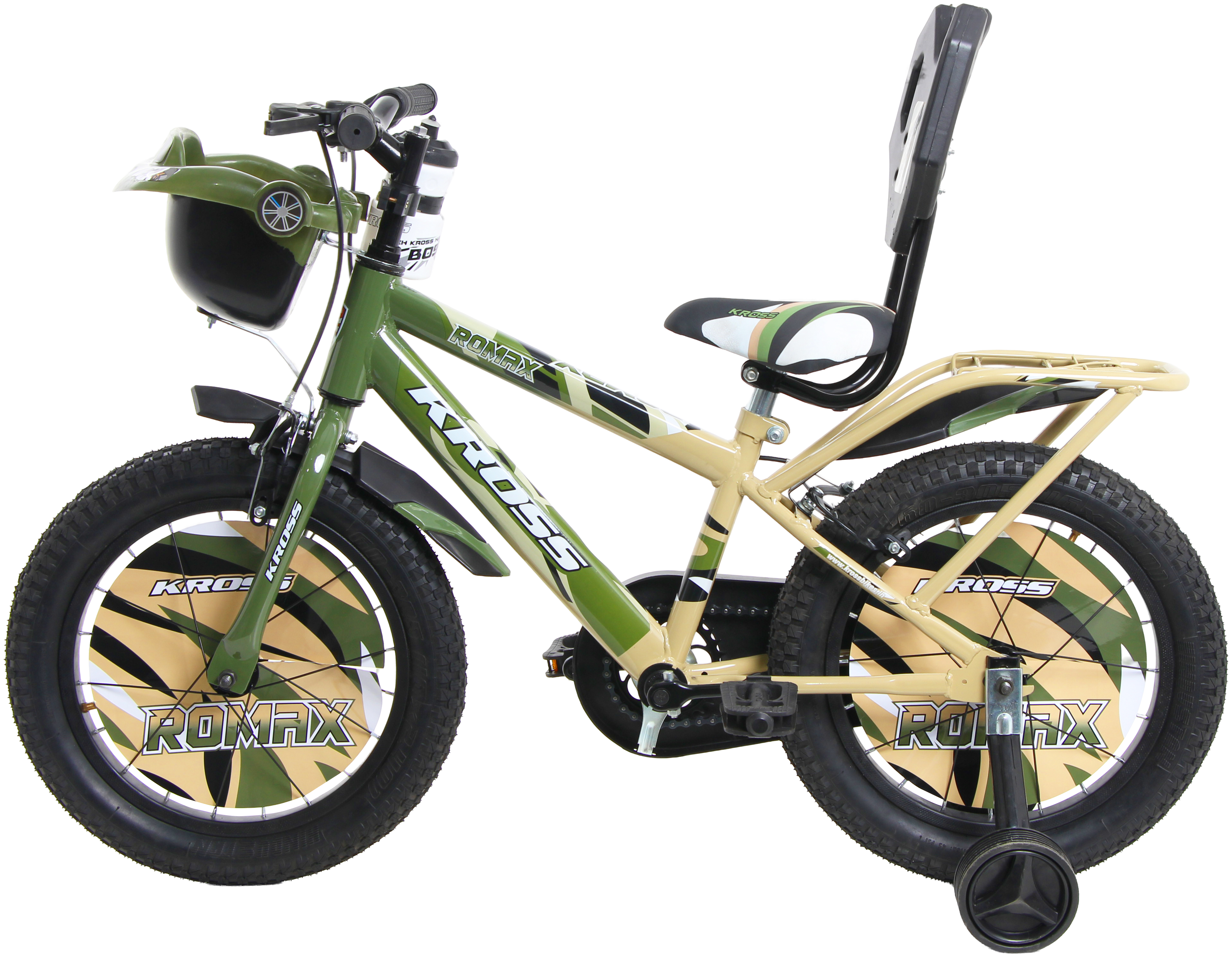 KROSS Romax 16T Kids Bicycle – Single Speed, Dual-Color Steel Frame, Caliper Brakes, Basket, Bottle Holder & Side Supporters