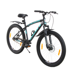 Kross Maximus Pro 26T Mountain Bike – Steel Frame, Suspension Fork, Dual Disc Brakes, Wide 2.35” Tyres (Black-Blue, Single Speed)