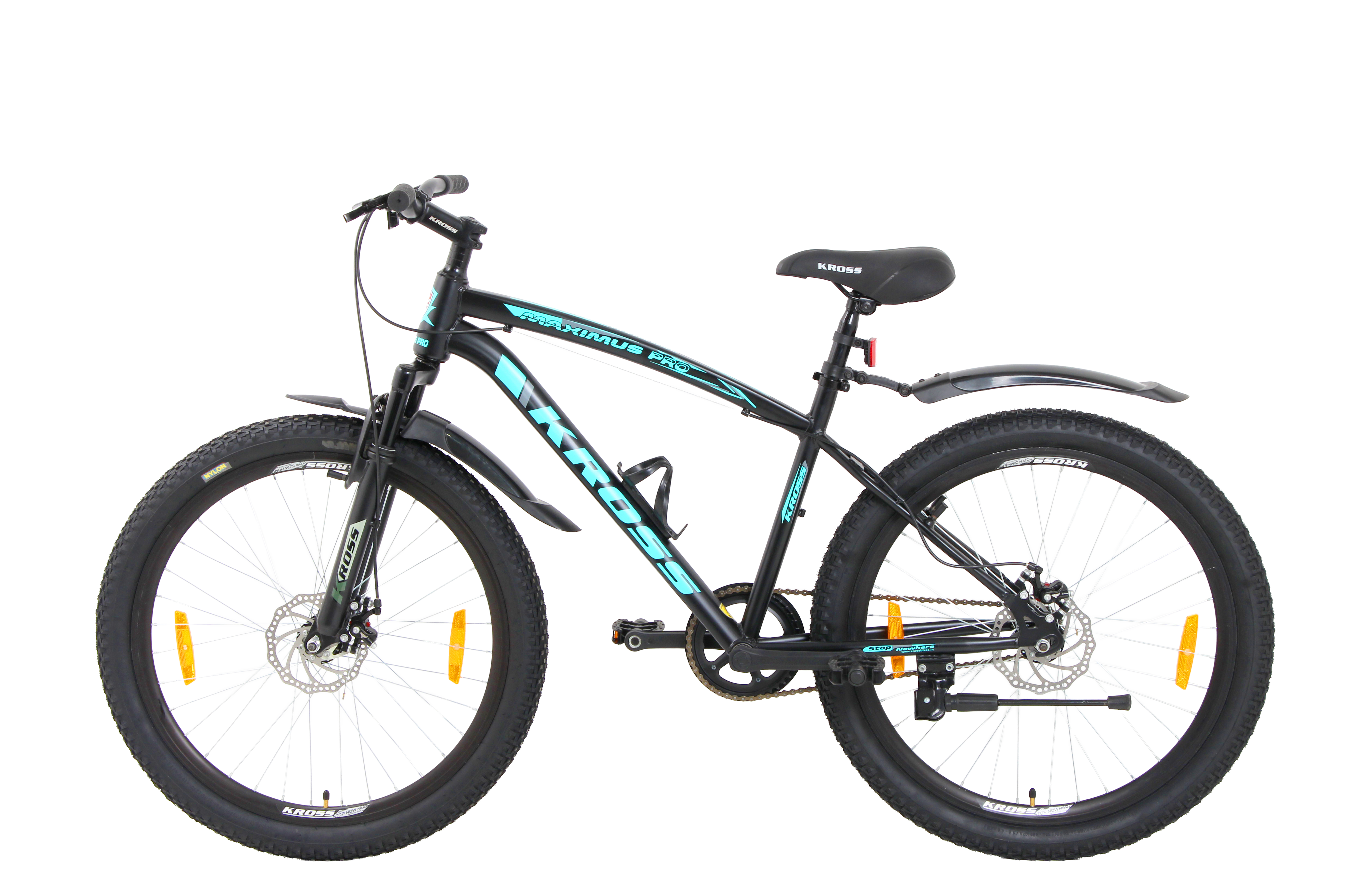 Kross Maximus Pro 26T Mountain Bike – Steel Frame, Suspension Fork, Dual Disc Brakes, Wide 2.35” Tyres (Black-Blue, Single Speed)