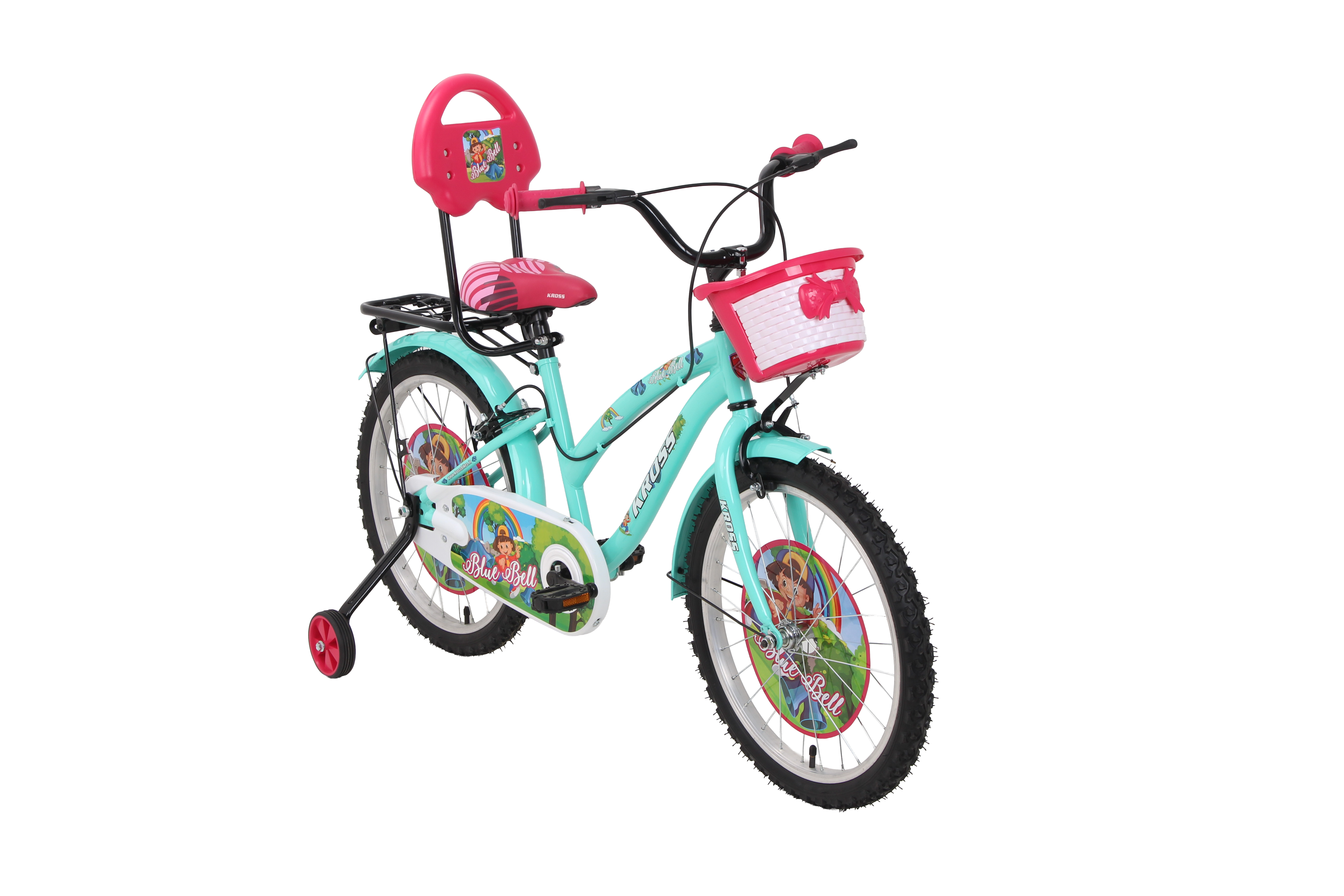 Kross Blue Bell 20T Kids Bicycle Green | 20 Inch Steel Frame Single Speed Cycle with Training Wheels, Front Basket & Rear Carrier