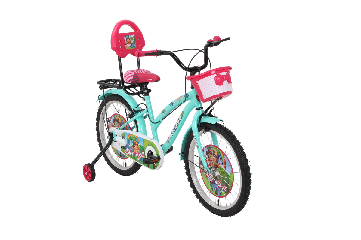 Kross Blue Bell 20T Kids Bicycle Green | 20 Inch Steel Frame Single Speed Cycle with Training Wheels, Front Basket & Rear Carrier