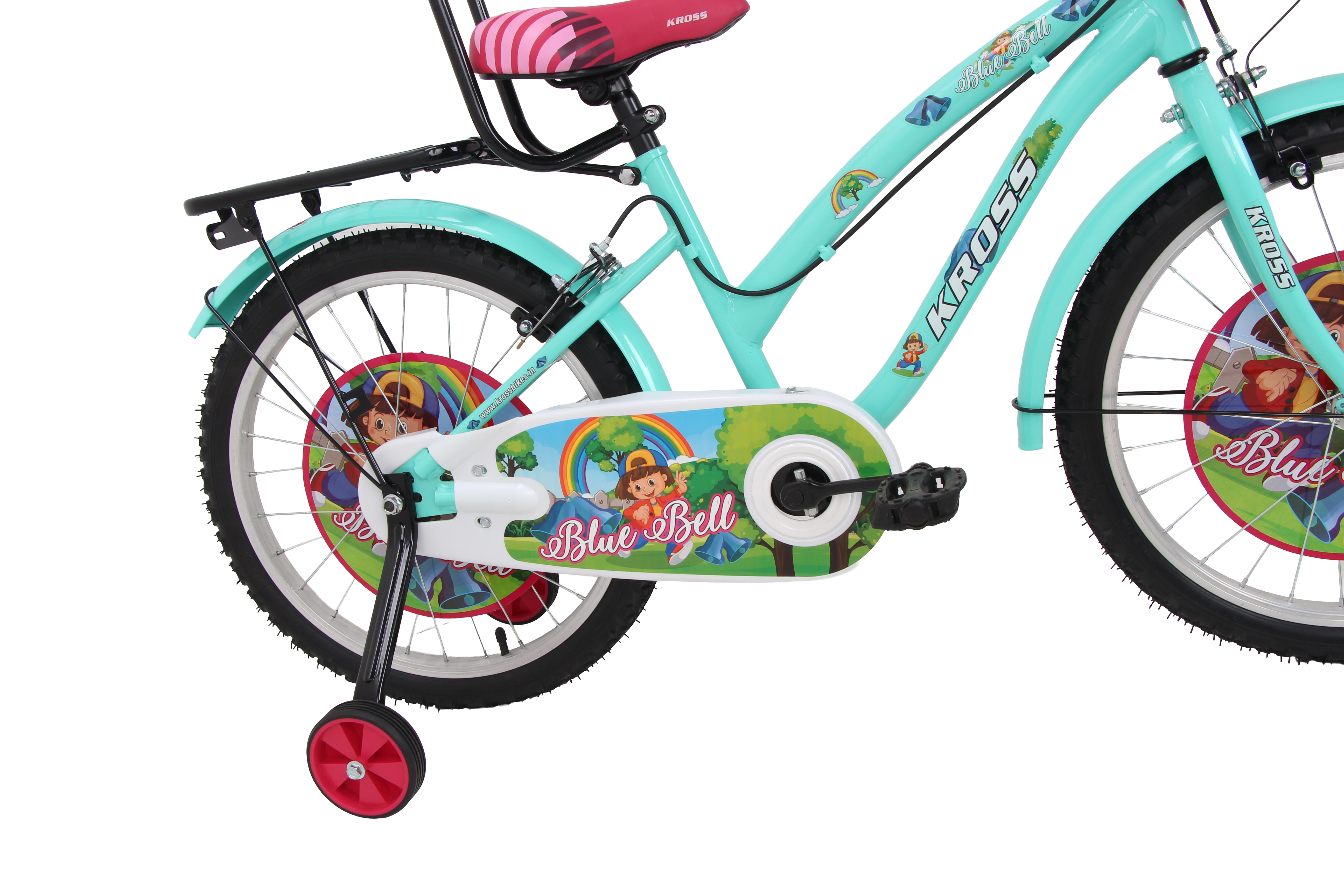 Kross Blue Bell 20T Kids Bicycle Green | 20 Inch Steel Frame Single Speed Cycle with Training Wheels, Front Basket & Rear Carrier