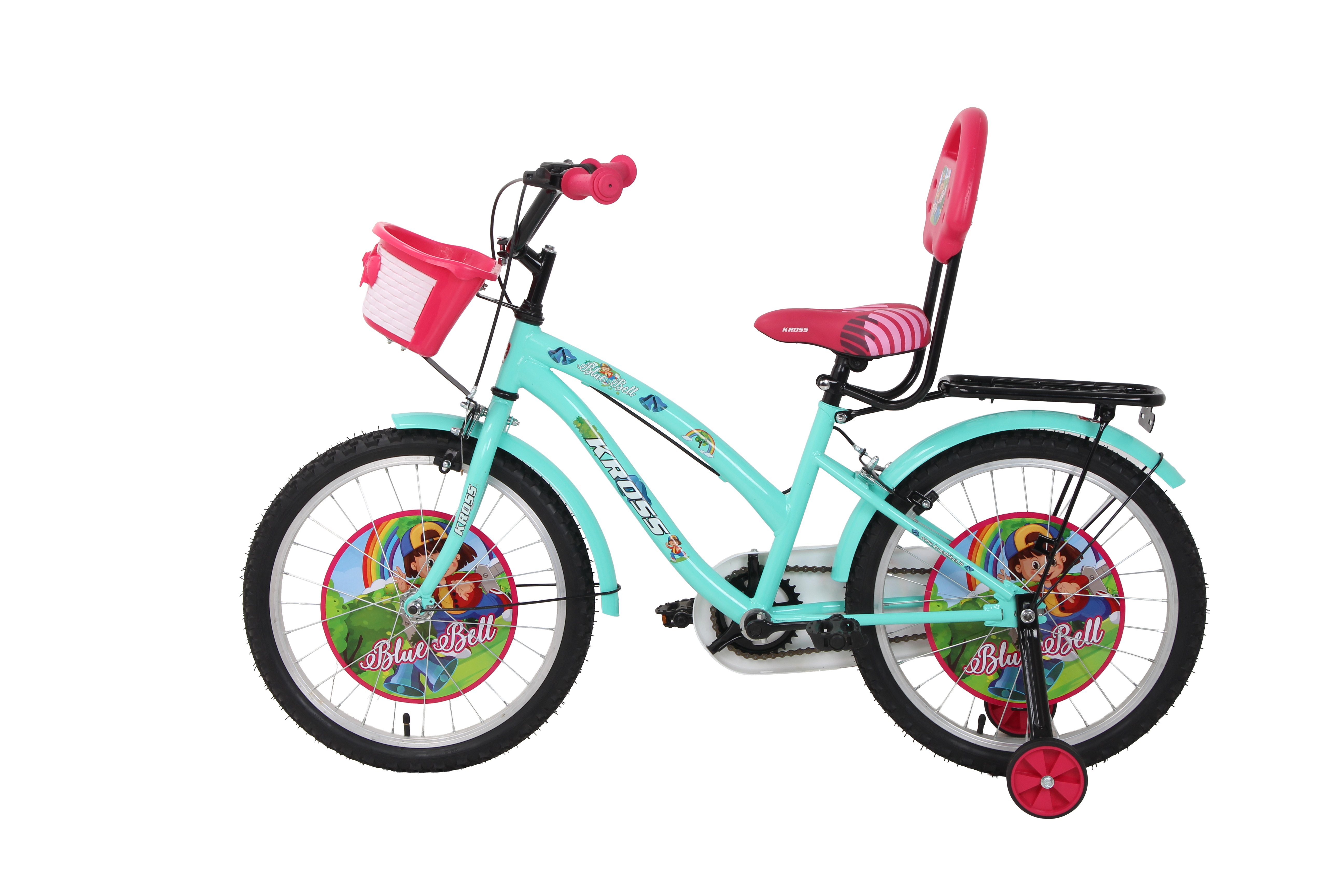 Kross Blue Bell 20T Kids Bicycle Green | 20 Inch Steel Frame Single Speed Cycle with Training Wheels, Front Basket & Rear Carrier