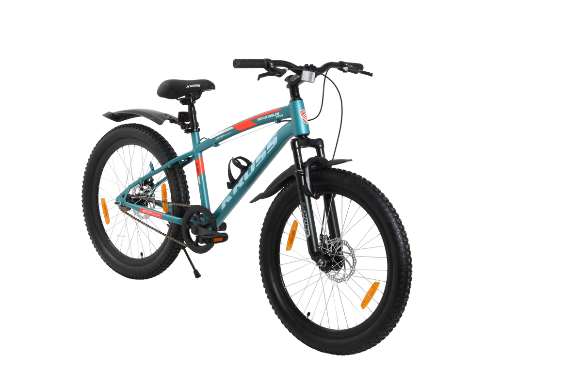 Kross Maximus Pro 24T Single Speed Double Disc Kids/Teens MTB – Matte Blue – Steel Frame, Suspension Fork, 24×2.40 Tyres