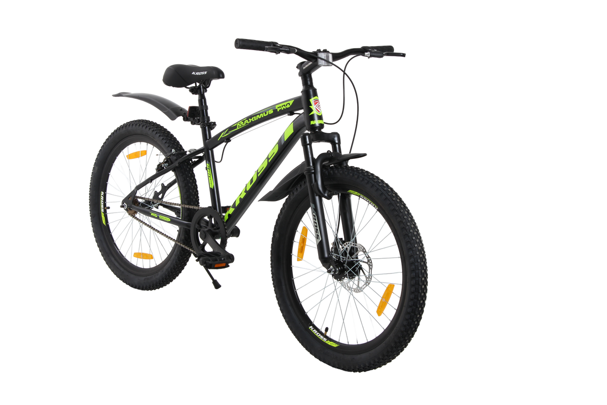 Maximus Pro Kross 24T Black Yellow | Single Speed MTB with Disc Brake | Steel Frame | 24×2.35 Tyres | Front Suspension