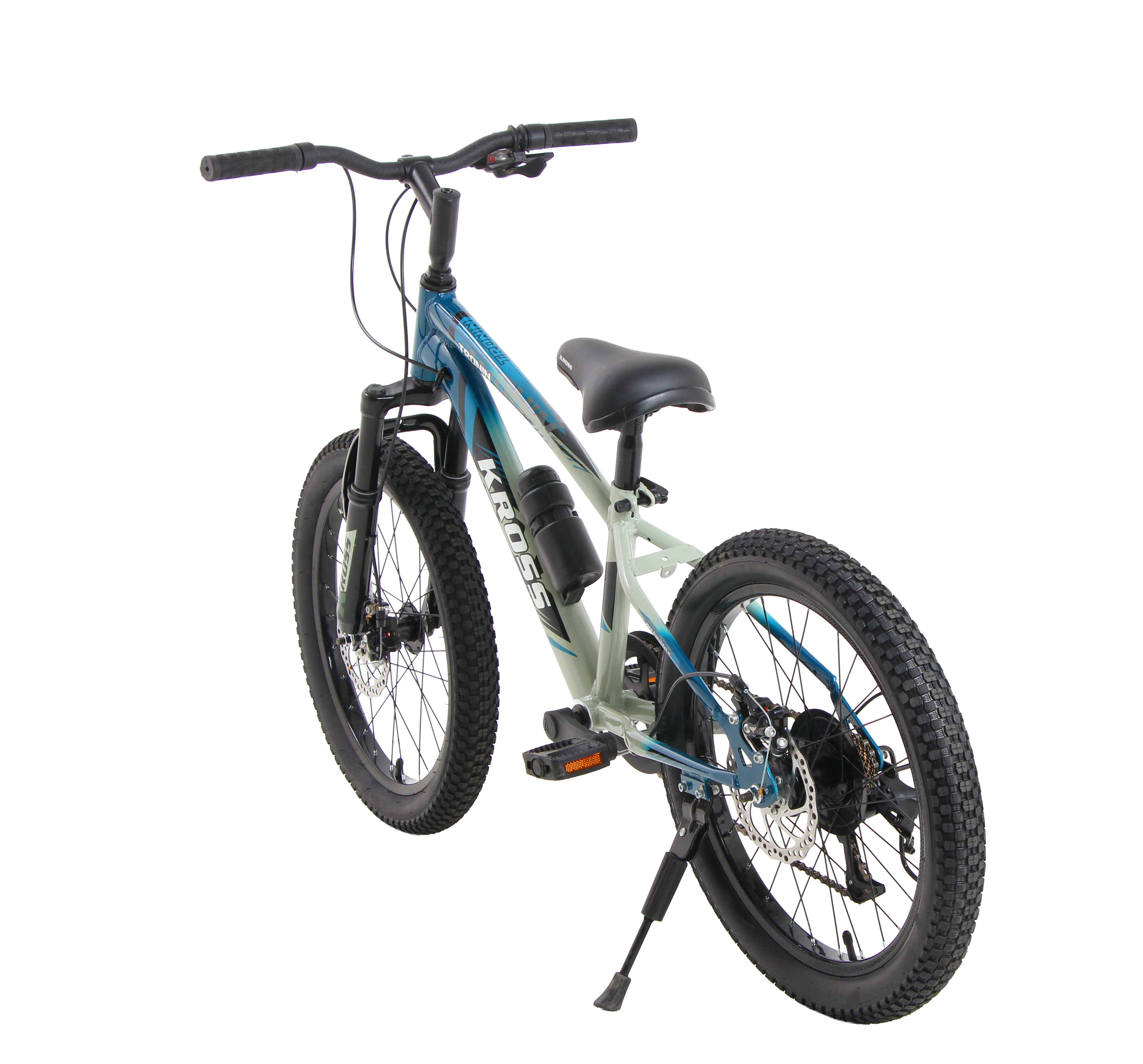 Kross Tronin 20T 7-Speed Kids MTB Cycle – Dual Disc Brakes, Suspension Fork, 20×2.40 Tyres (Grey/Blue)