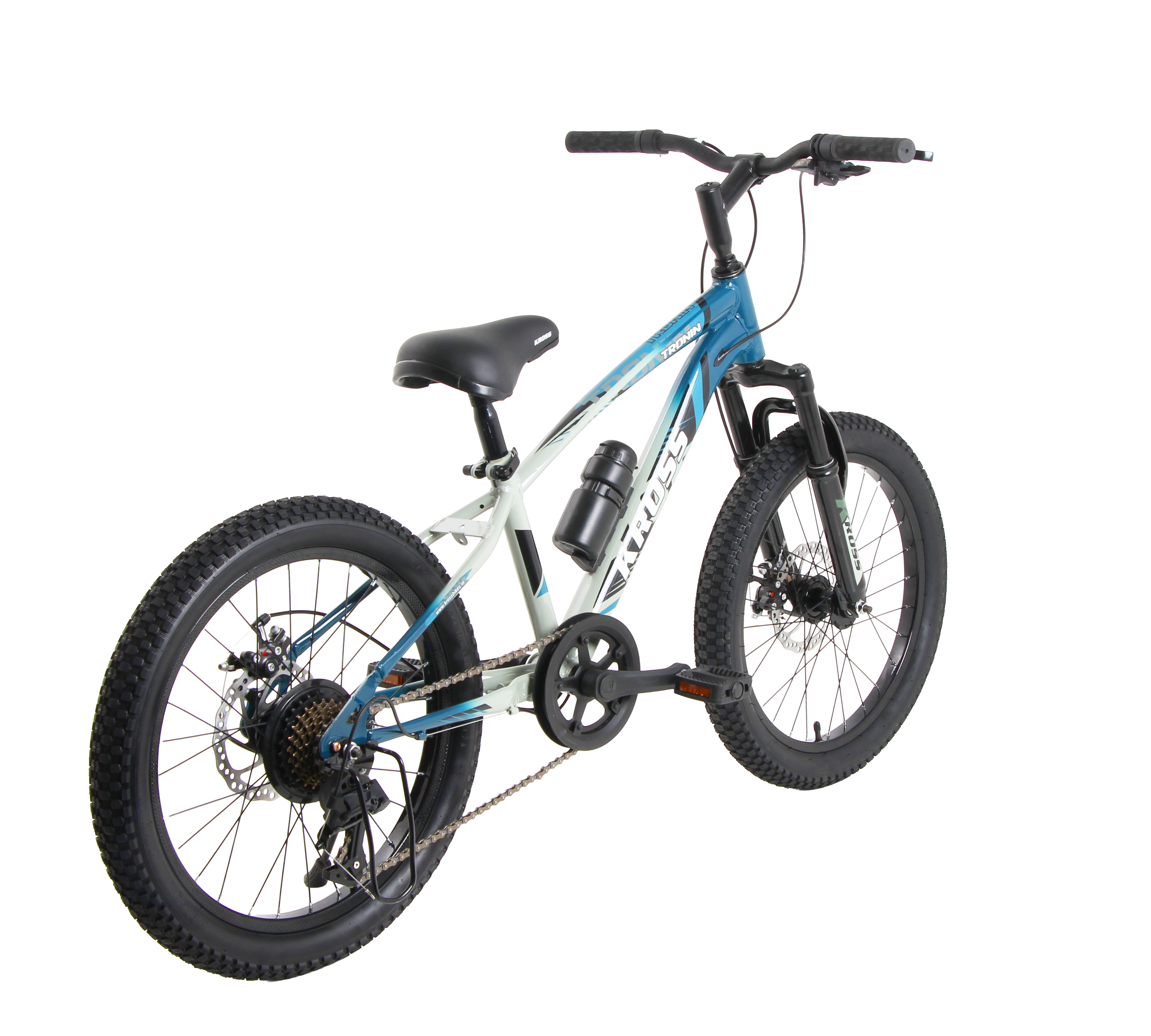 Kross Tronin 20T 7-Speed Kids MTB Cycle – Dual Disc Brakes, Suspension Fork, 20×2.40 Tyres (Grey/Blue)