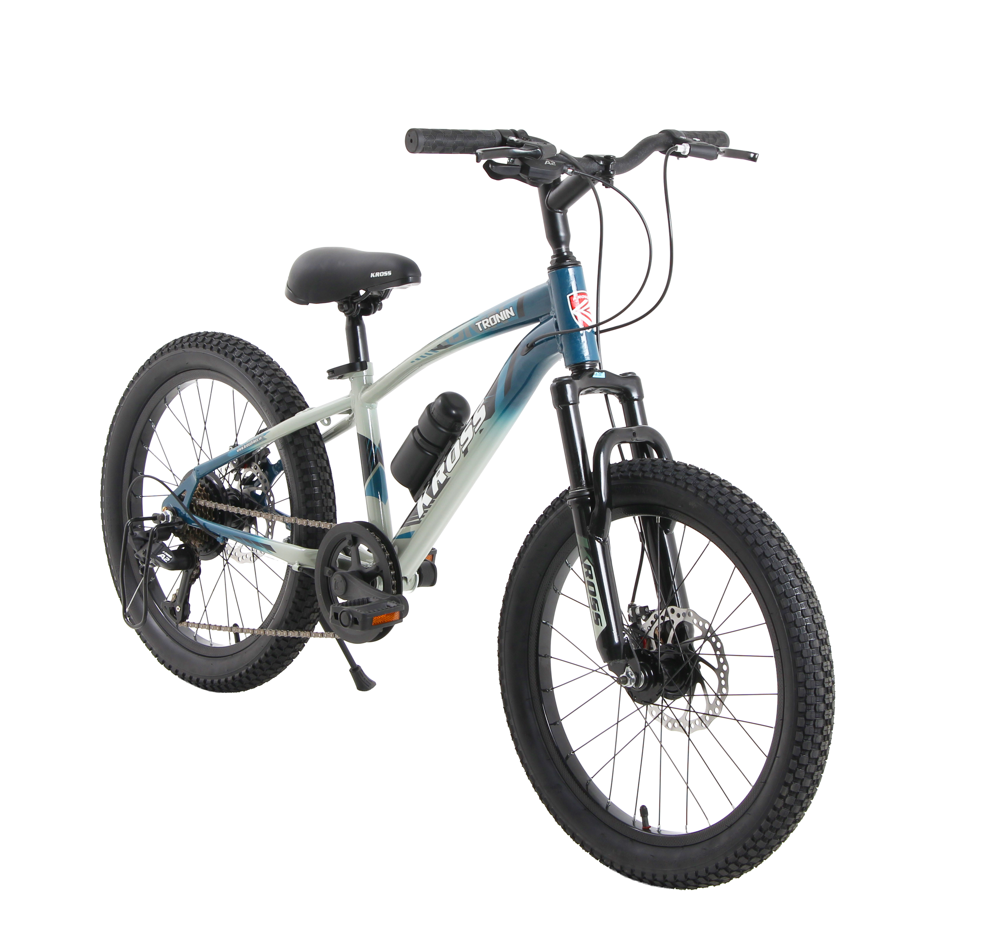 Kross Tronin 20T 7-Speed Kids MTB Cycle – Dual Disc Brakes, Suspension Fork, 20×2.40 Tyres (Grey/Blue)