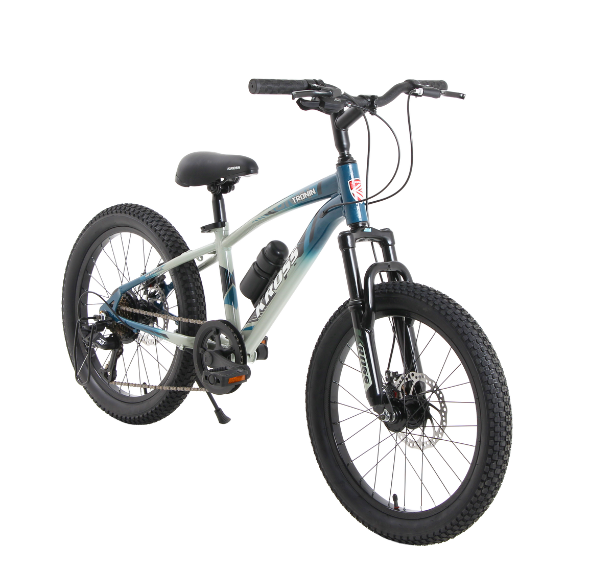 Kross Tronin 20T 7-Speed Kids MTB Cycle – Dual Disc Brakes, Suspension Fork, 20×2.40 Tyres (Grey/Blue)