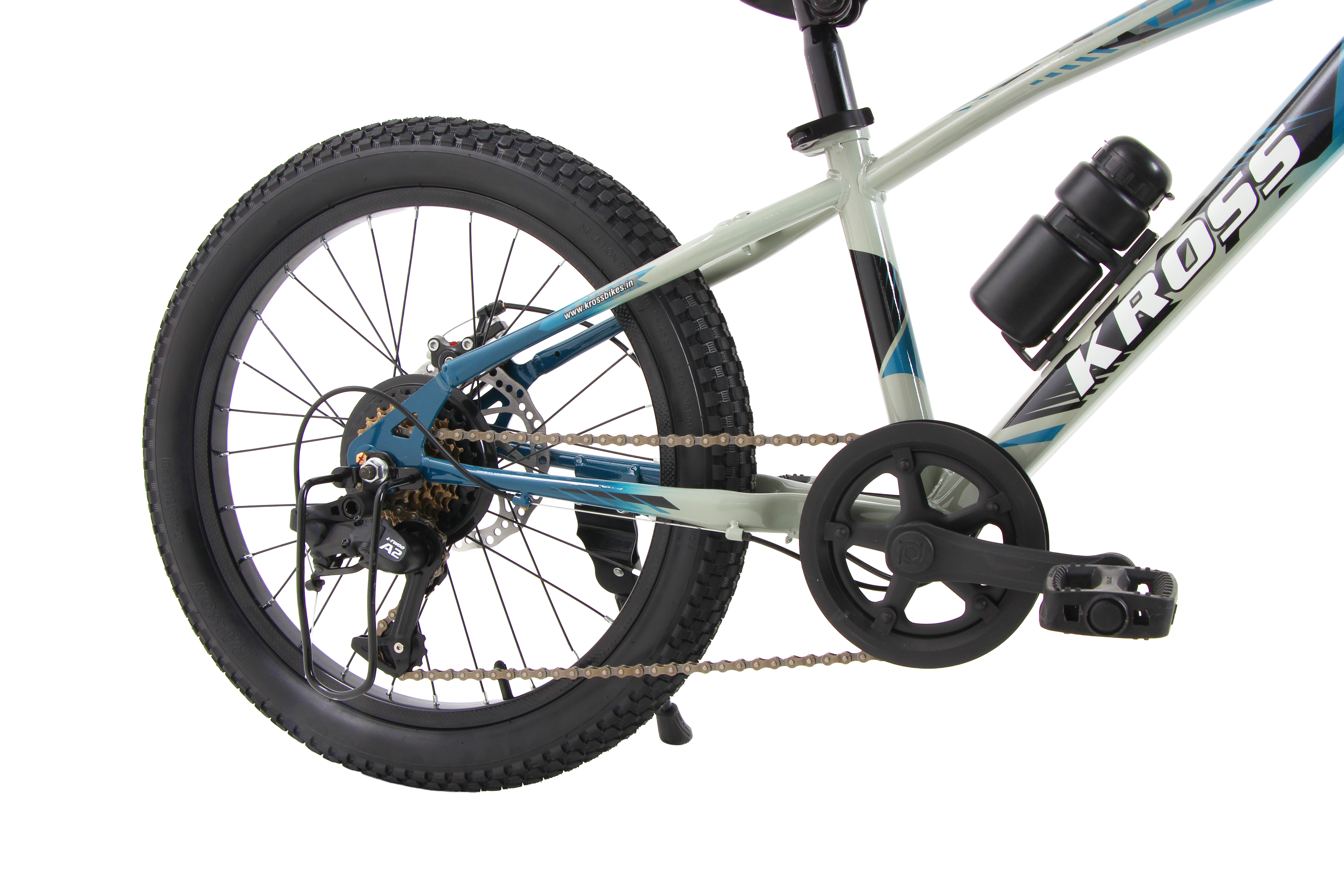Kross Tronin 20T 7-Speed Kids MTB Cycle – Dual Disc Brakes, Suspension Fork, 20×2.40 Tyres (Grey/Blue)