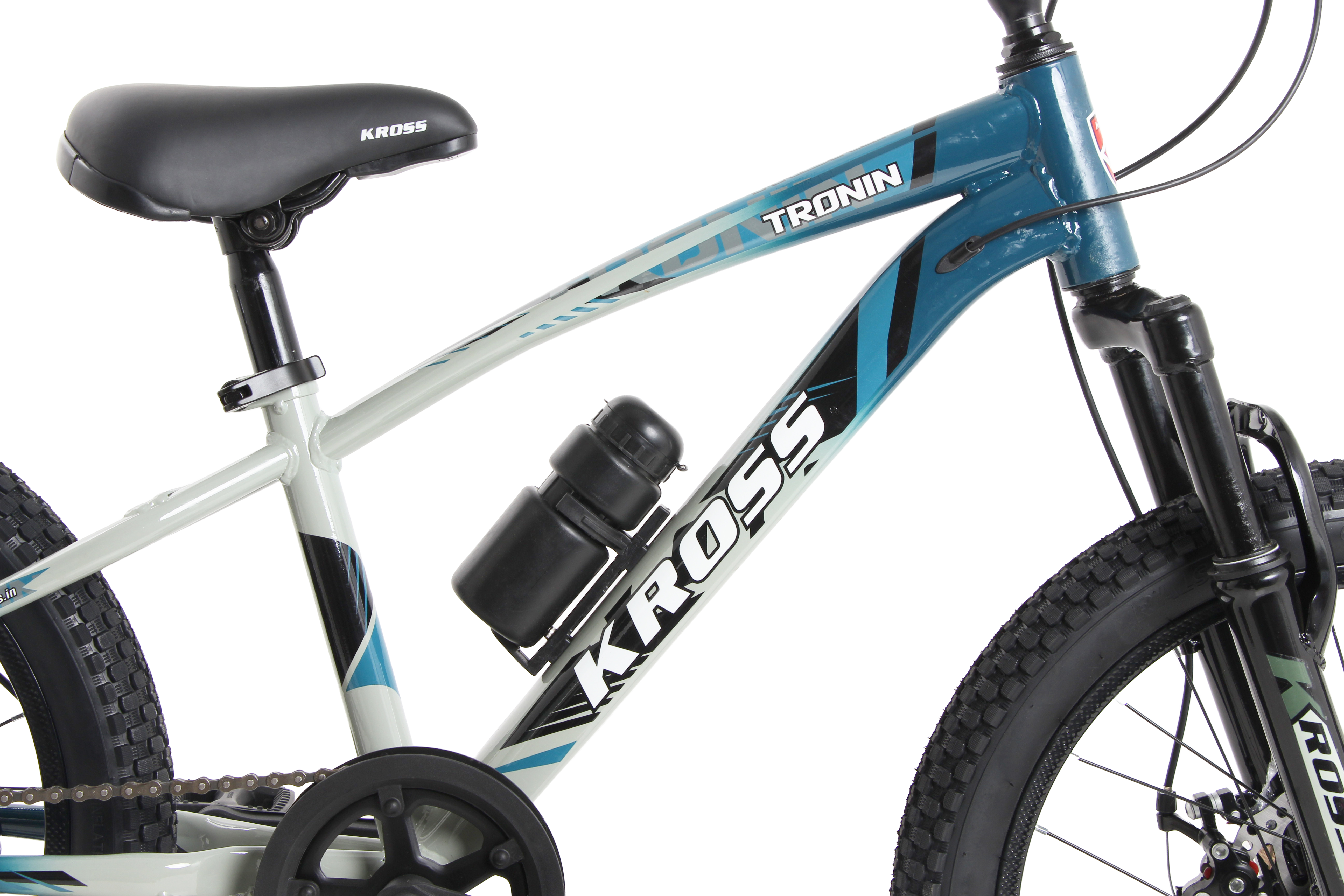 Kross Tronin 20T 7-Speed Kids MTB Cycle – Dual Disc Brakes, Suspension Fork, 20×2.40 Tyres (Grey/Blue)