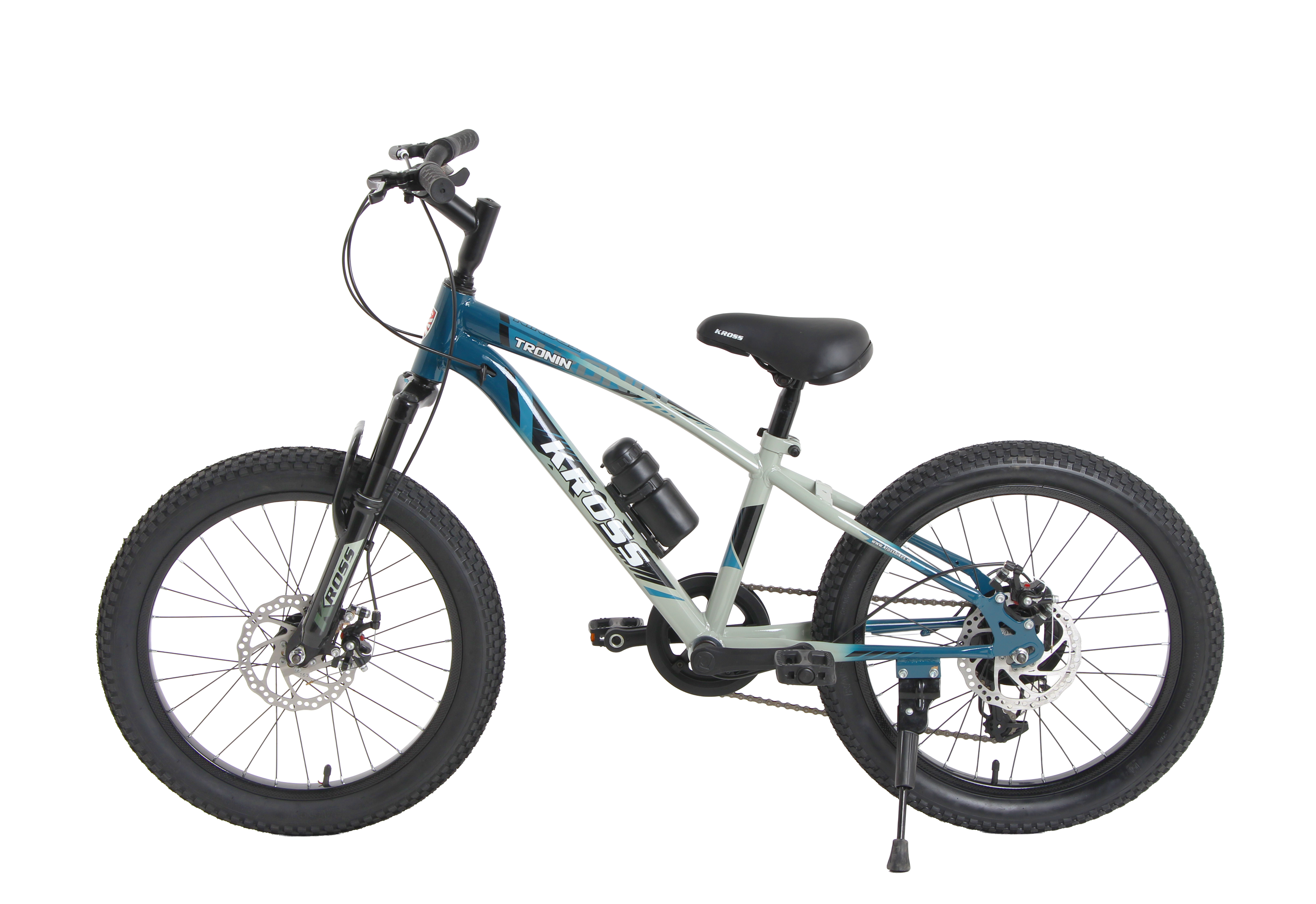 Kross Tronin 20T 7-Speed Kids MTB Cycle – Dual Disc Brakes, Suspension Fork, 20×2.40 Tyres (Grey/Blue)