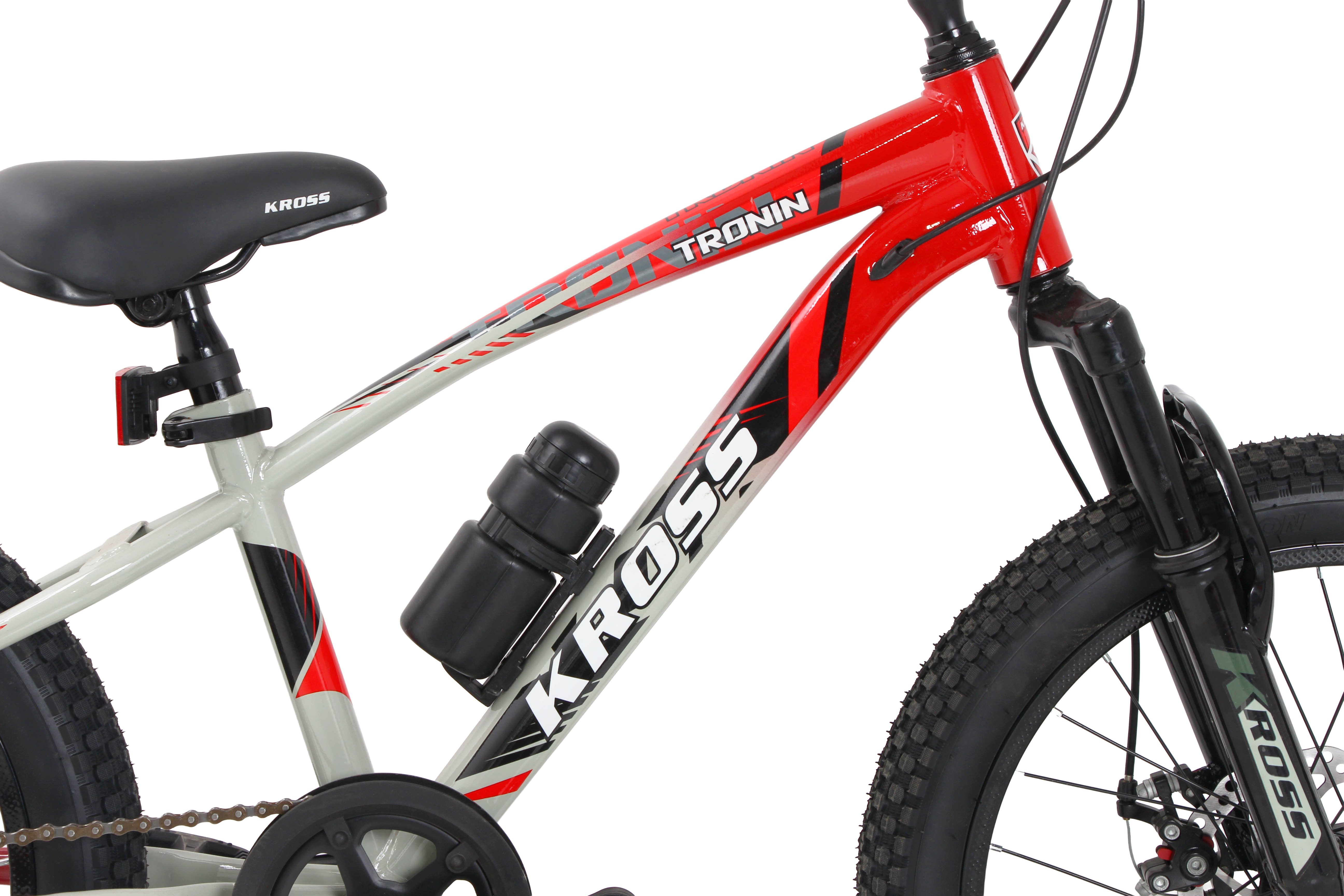 Kross Tronin 20T 7-Speed Kids MTB Cycle – Dual Disc Brakes, Suspension Fork, 20×2.40 Tyres (Grey/Red)