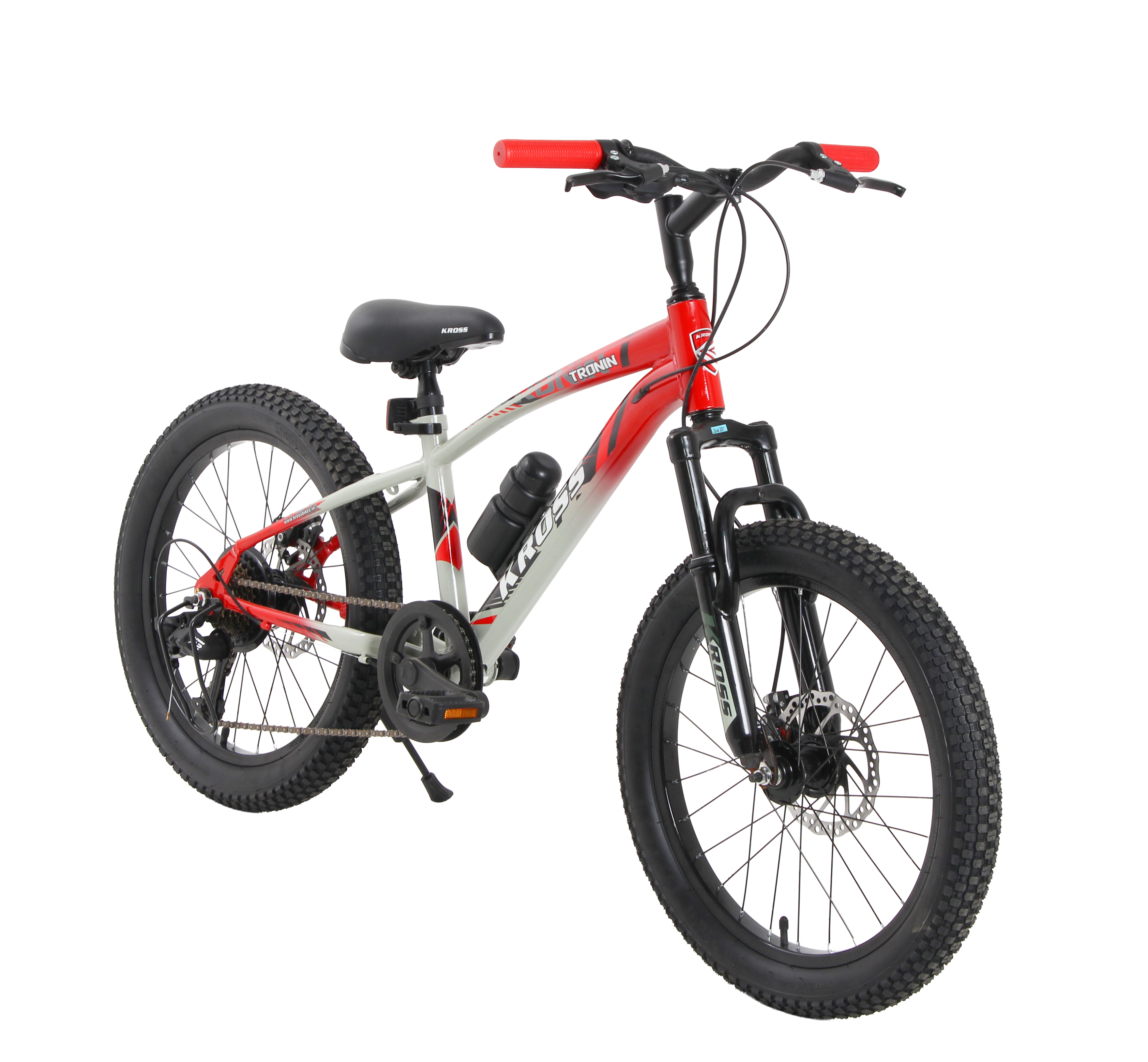 Kross Tronin 20T 7-Speed Kids MTB Cycle – Dual Disc Brakes, Suspension Fork, 20×2.40 Tyres (Grey/Red)