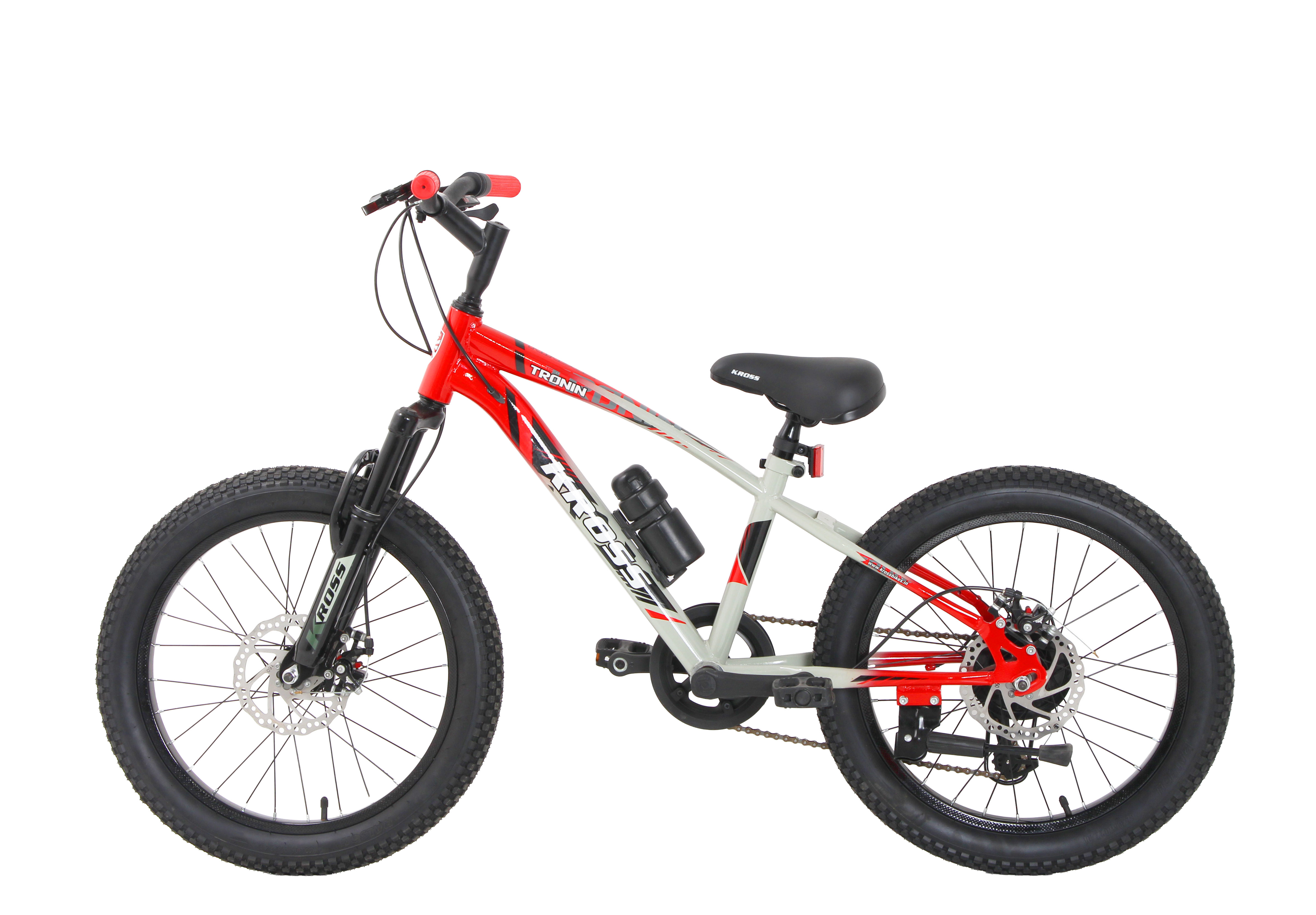 Kross Tronin 20T 7-Speed Kids MTB Cycle – Dual Disc Brakes, Suspension Fork, 20×2.40 Tyres (Grey/Red)