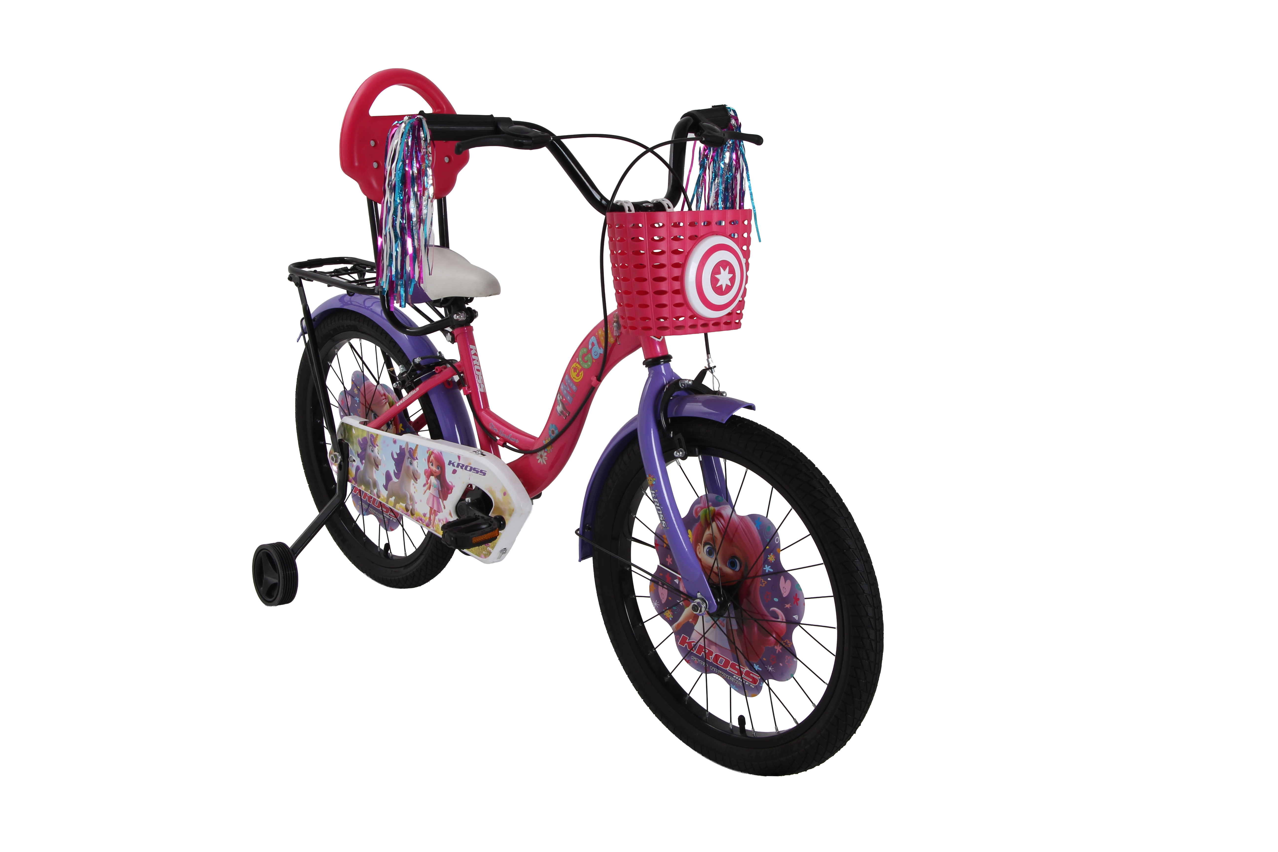 Kross Megan 20T Kids Bicycle for Girls | 20-Inch Wheel | Single Speed | Front Basket, Back Rest, Carrier, Streamers & Training Wheels | Pink-Purple