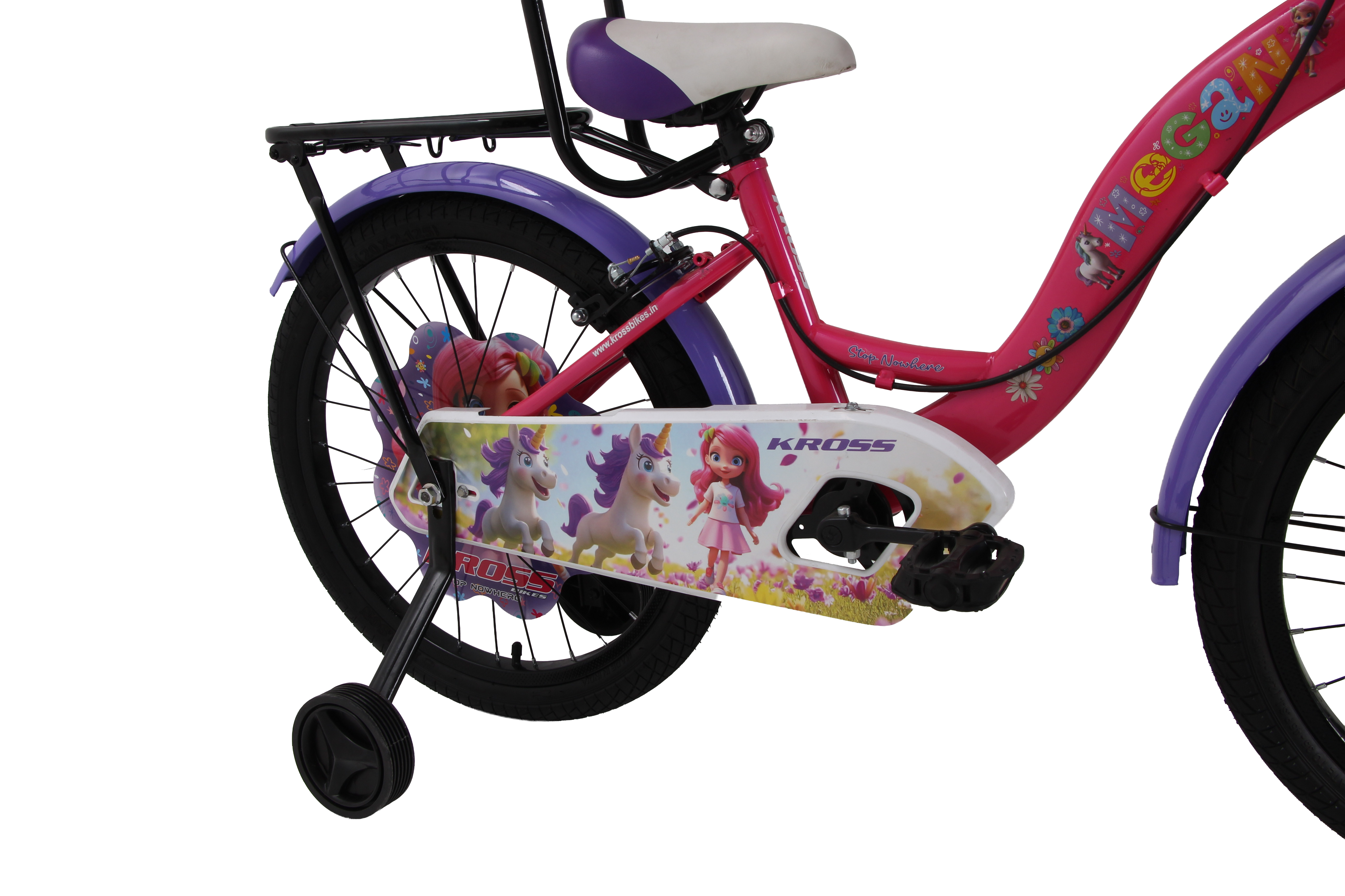 Kross Megan 20T Kids Bicycle for Girls | 20-Inch Wheel | Single Speed | Front Basket, Back Rest, Carrier, Streamers & Training Wheels | Pink-Purple