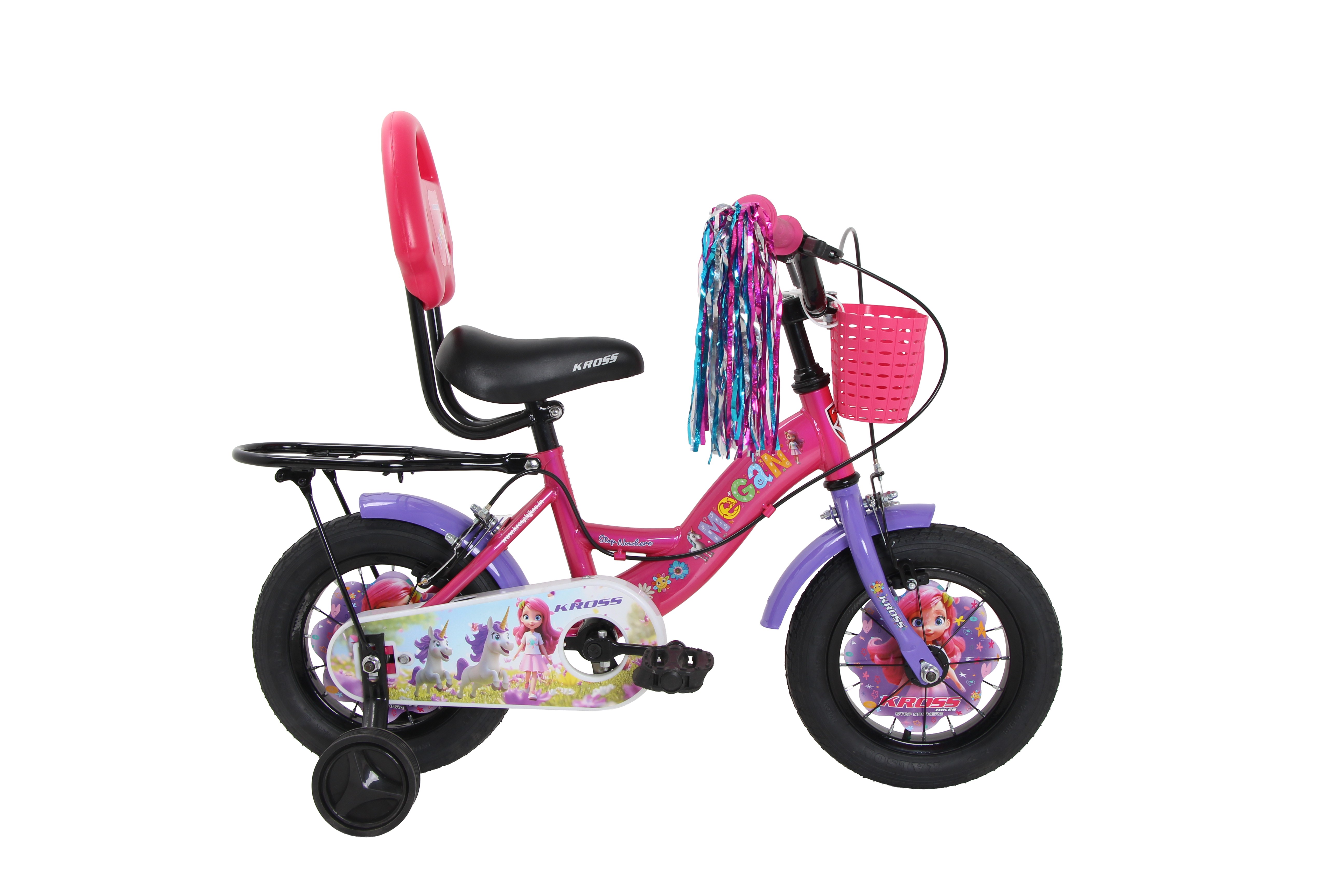 Kross Megan 12T Kids Bicycle with Training Wheels, Basket, Back Rest & Carrier | Single Speed | Pink-Purple