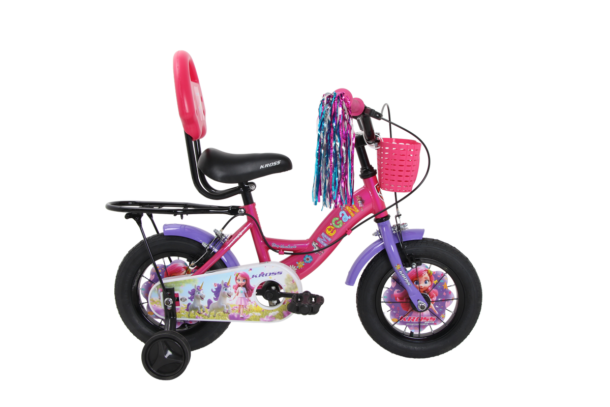 Kross Megan 12T Kids Bicycle with Training Wheels, Basket, Back Rest & Carrier | Single Speed | Pink-Purple