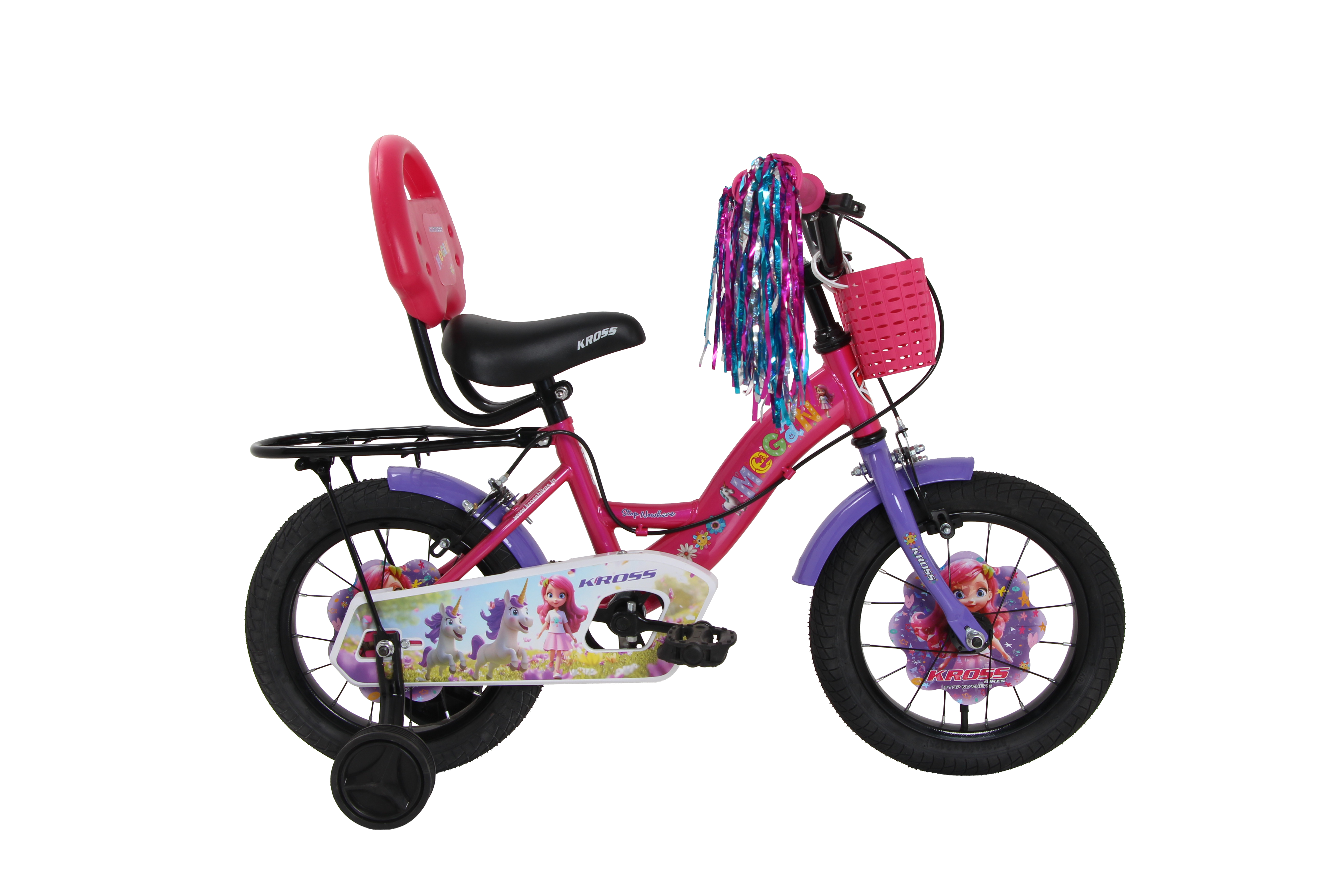 Kross Megan 14T Kids Bicycle with Basket, Backrest & Training Wheels | Pink Purple