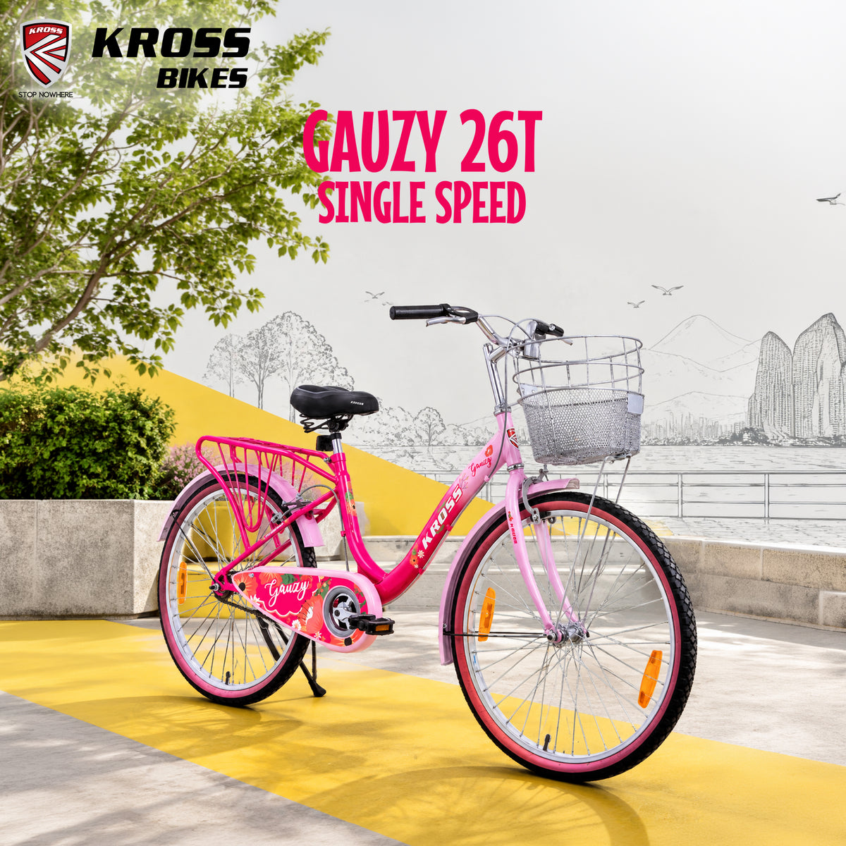Kross Gauzy 26T Single Speed City Bicycle for Women | Steel Frame | Front Basket | Pink