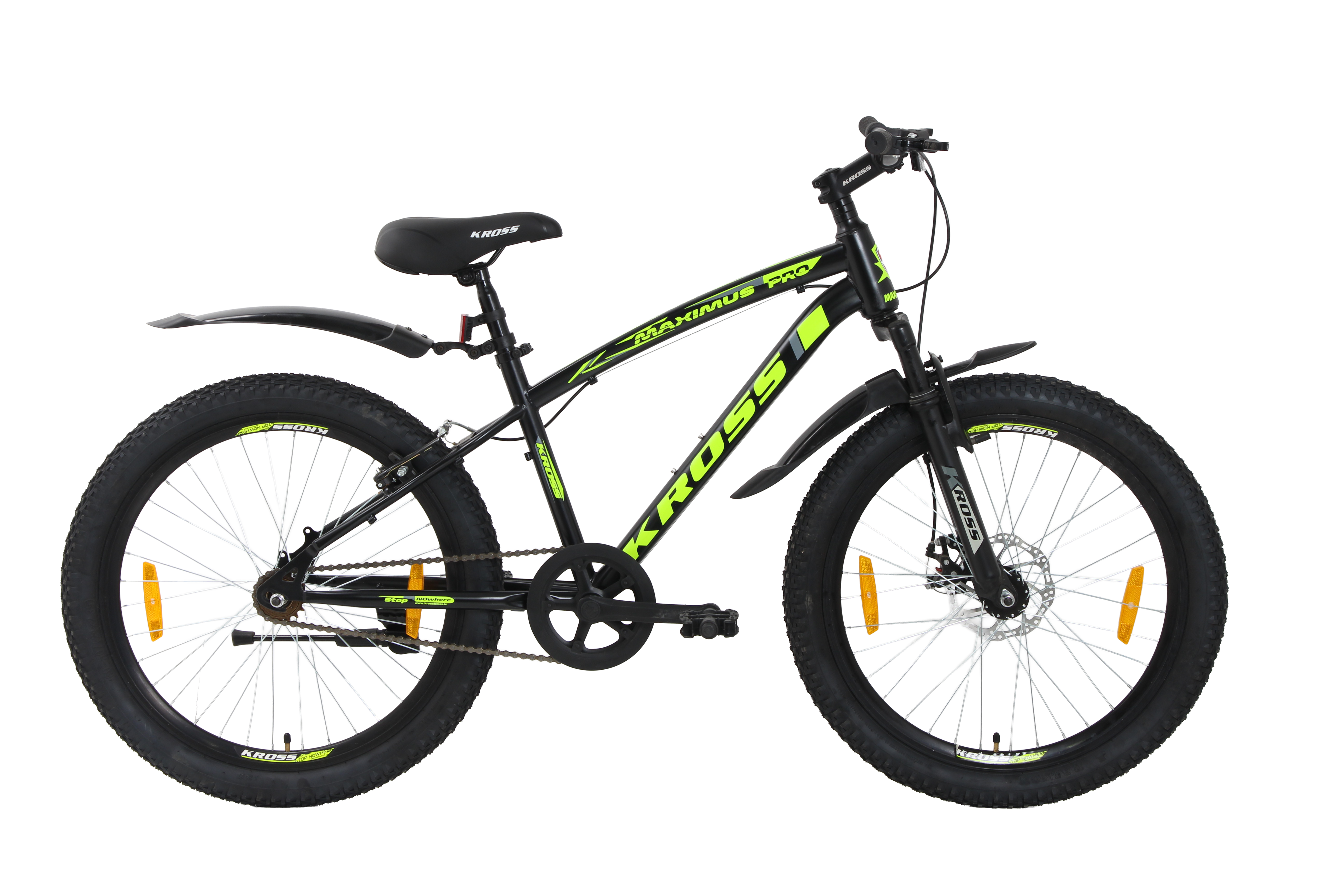 Maximus Pro Kross 24T Black Yellow | Single Speed MTB with Disc Brake | Steel Frame | 24×2.35 Tyres | Front Suspension