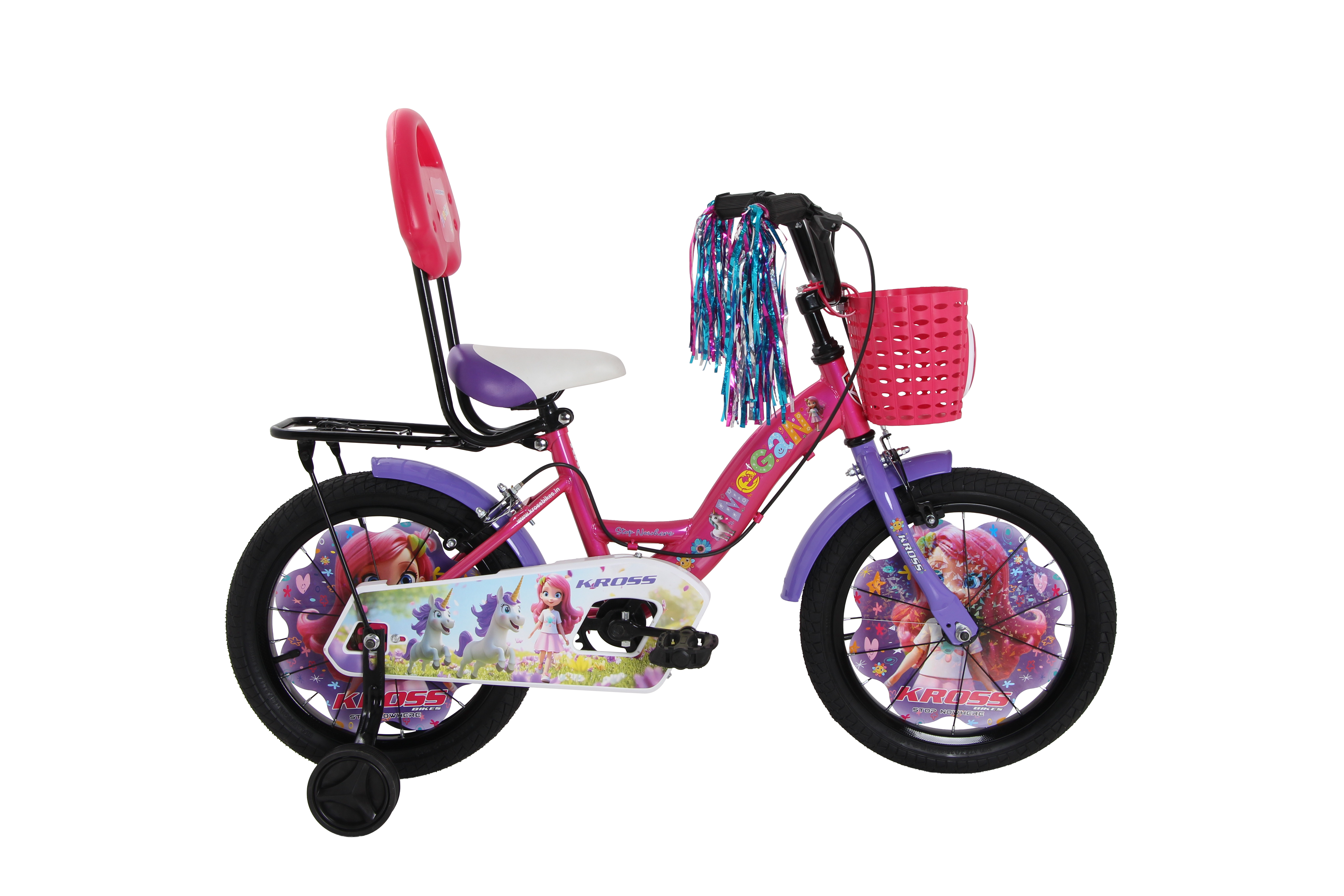 Kross Megan 16T Kids Bicycle with Side Wheels, Basket & Backrest | Pink Purple | Cycle for Girls Age 4-7 Years
