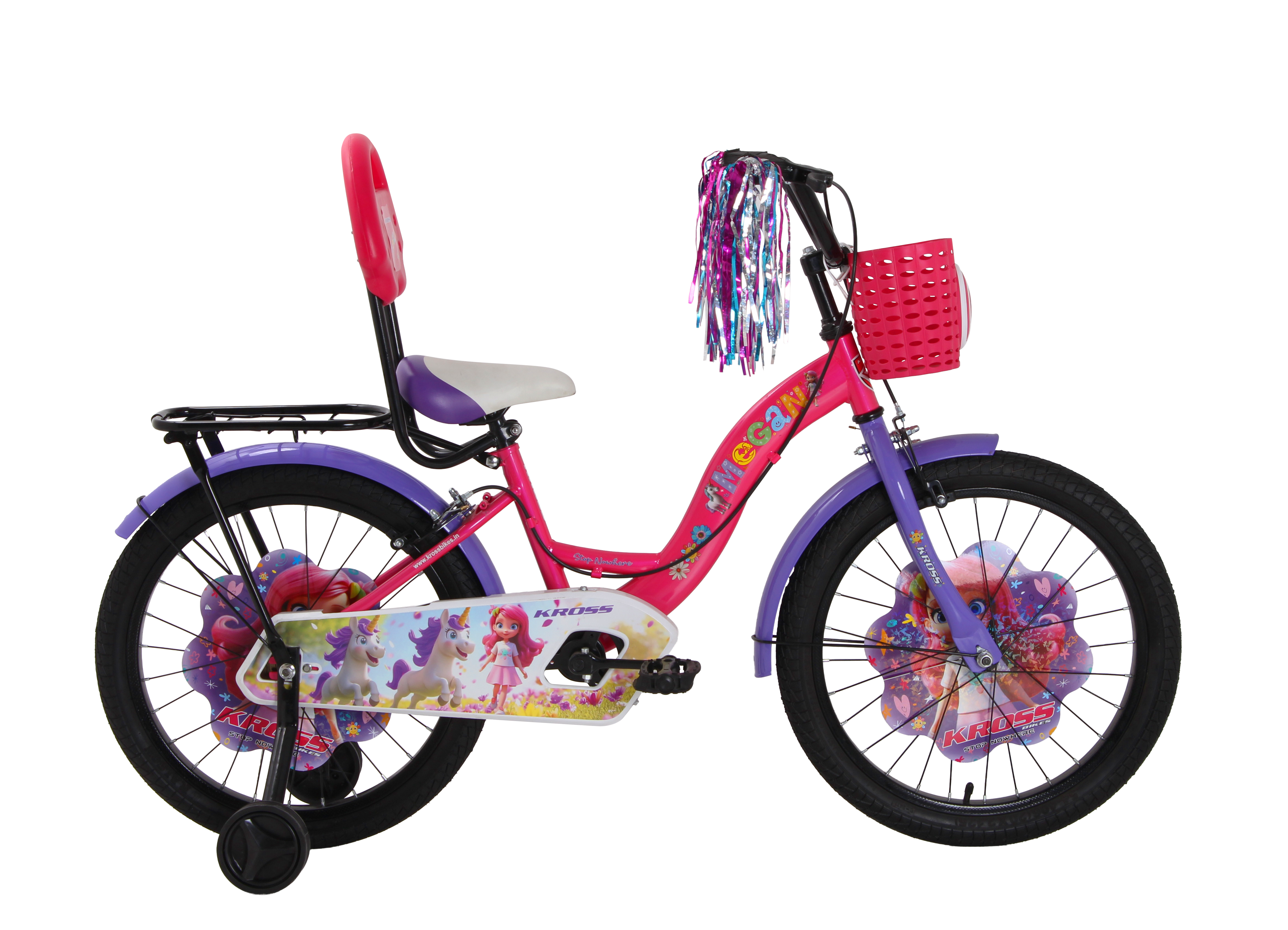 Kross Megan 20T Kids Bicycle for Girls | 20-Inch Wheel | Single Speed | Front Basket, Back Rest, Carrier, Streamers & Training Wheels | Pink-Purple