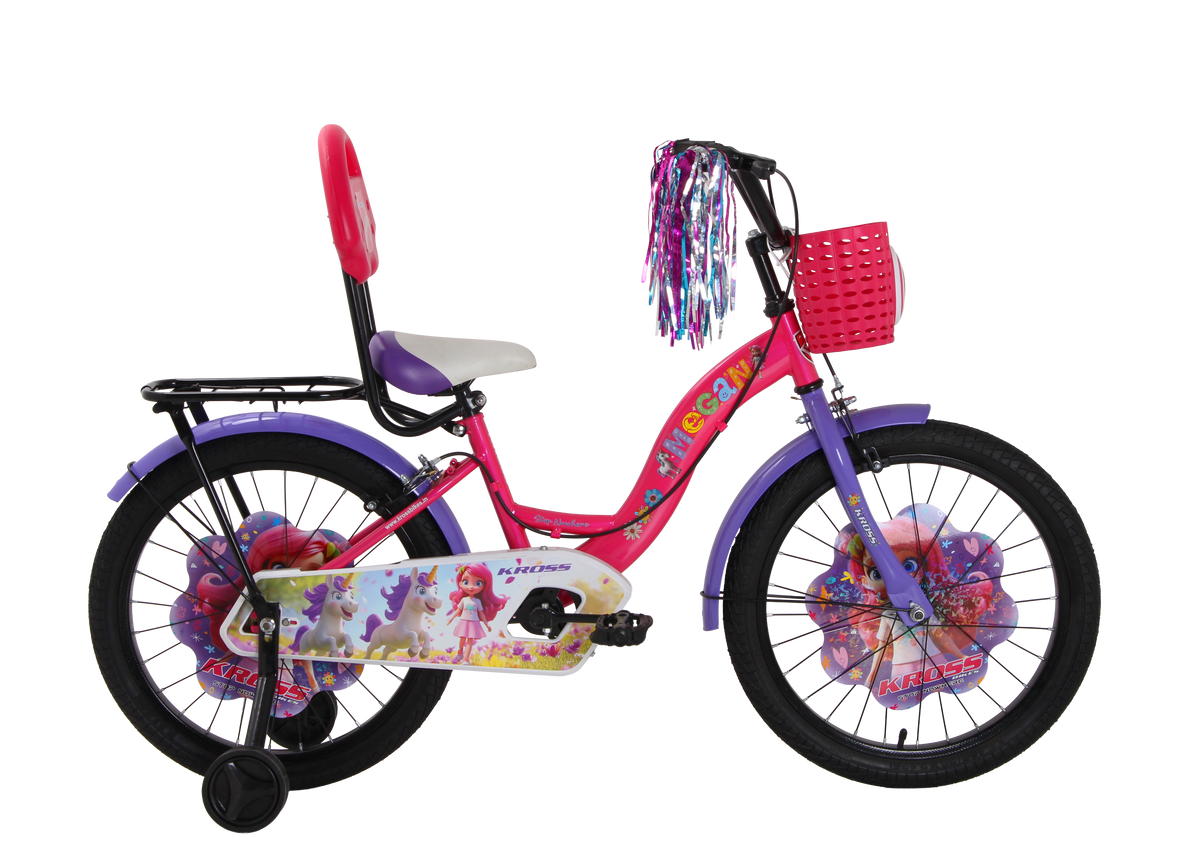 Kross Megan 20T Kids Bicycle for Girls | 20-Inch Wheel | Single Speed | Front Basket, Back Rest, Carrier, Streamers & Training Wheels | Pink-Purple