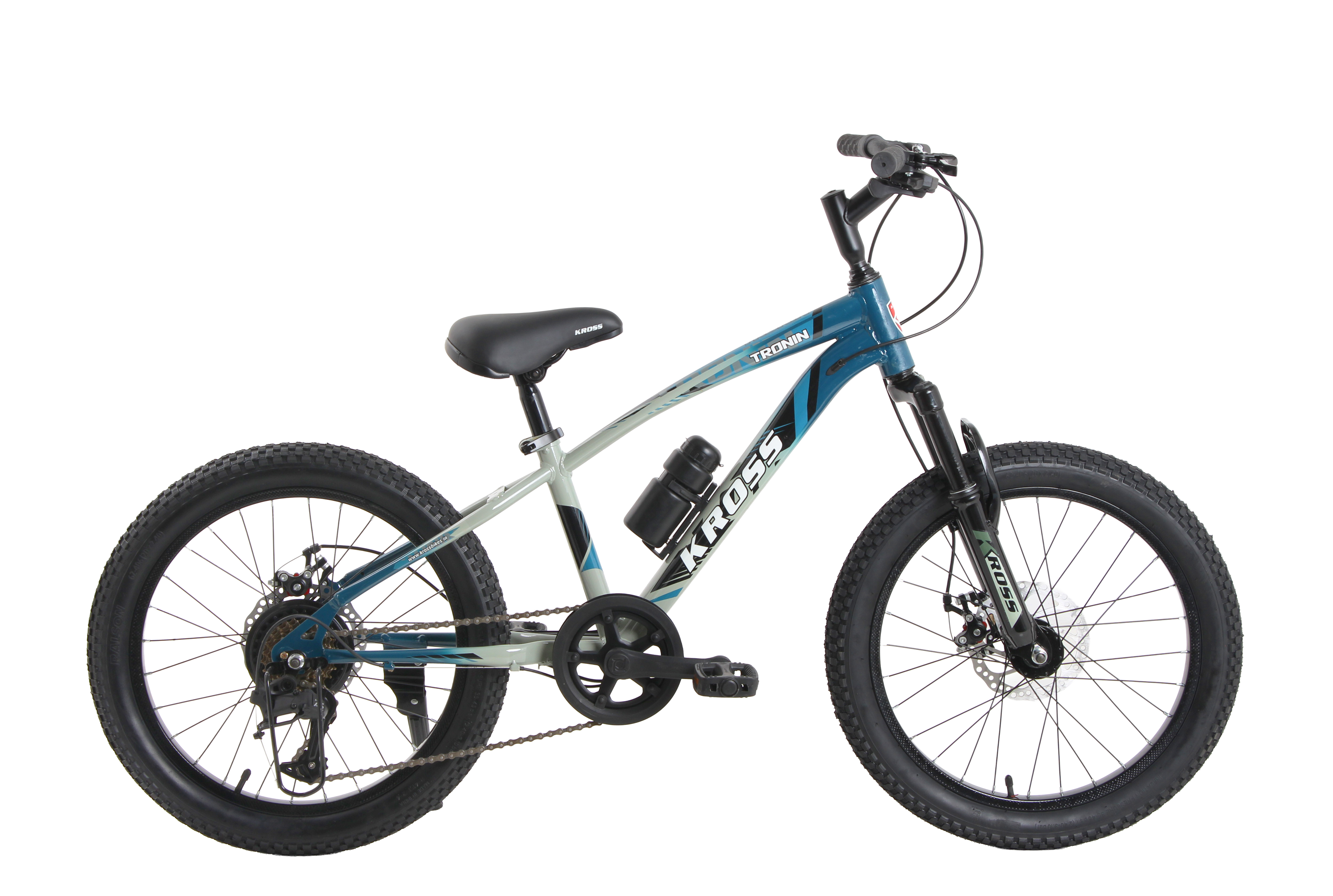 Kross Tronin 20T 7-Speed Kids MTB Cycle – Dual Disc Brakes, Suspension Fork, 20×2.40 Tyres (Grey/Blue)