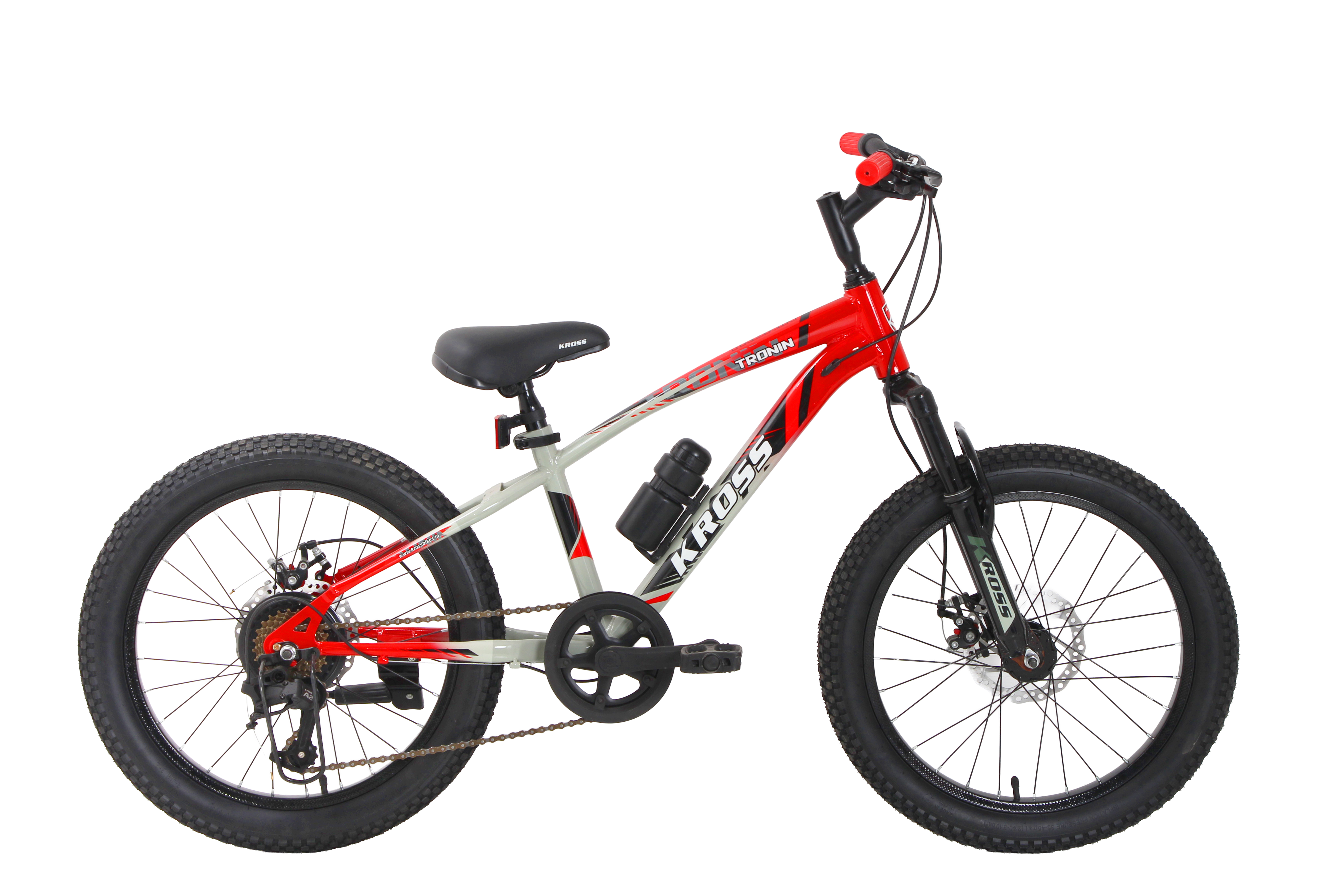 Kross Tronin 20T 7-Speed Kids MTB Cycle – Dual Disc Brakes, Suspension Fork, 20×2.40 Tyres (Grey/Red)
