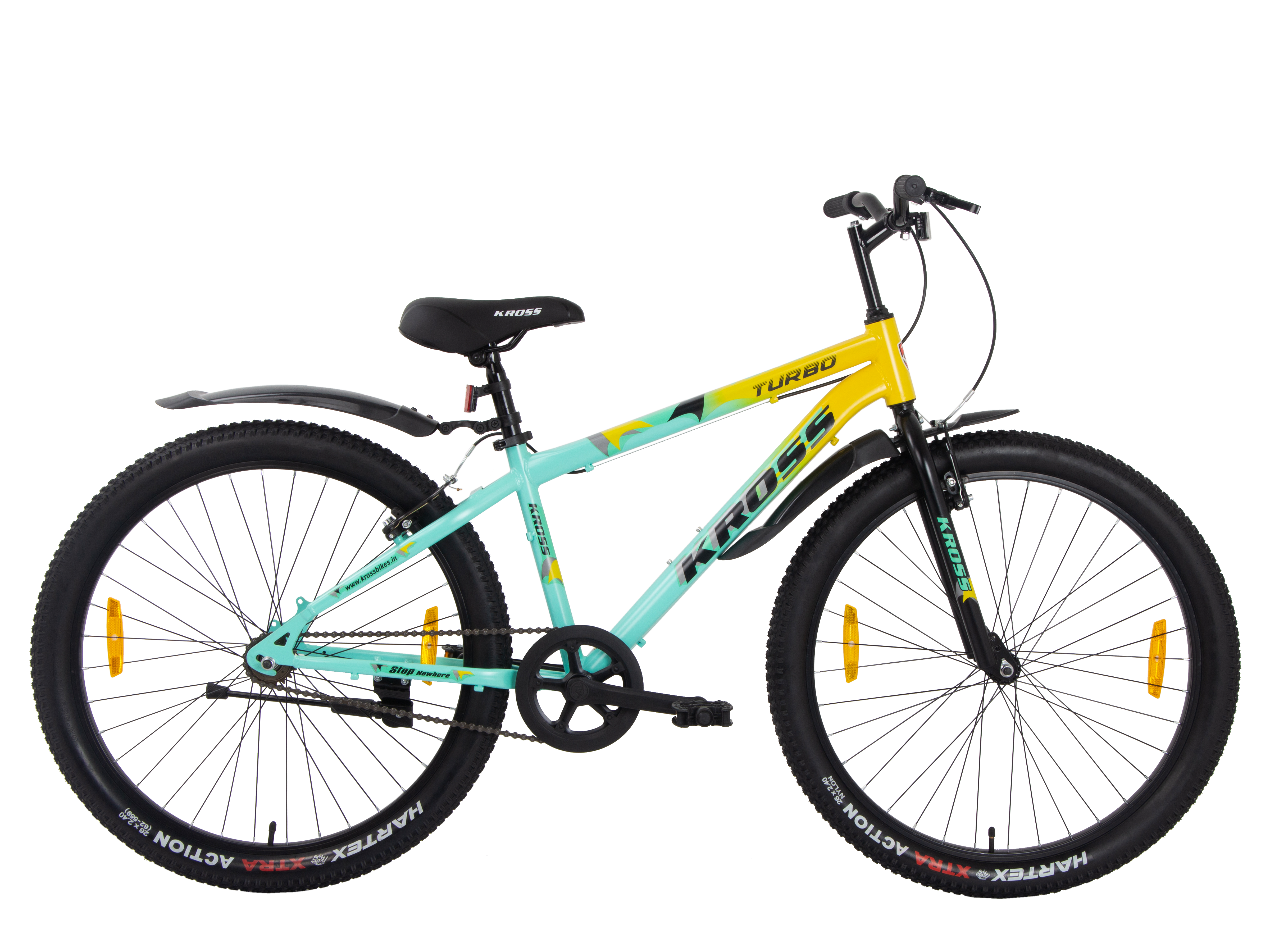 TURBO 26T Single Speed MTB – Rigid Fork, V-Brakes, Double Wall Alloy Rims, 26 × 2.40 Tyres (Yellow/Green)