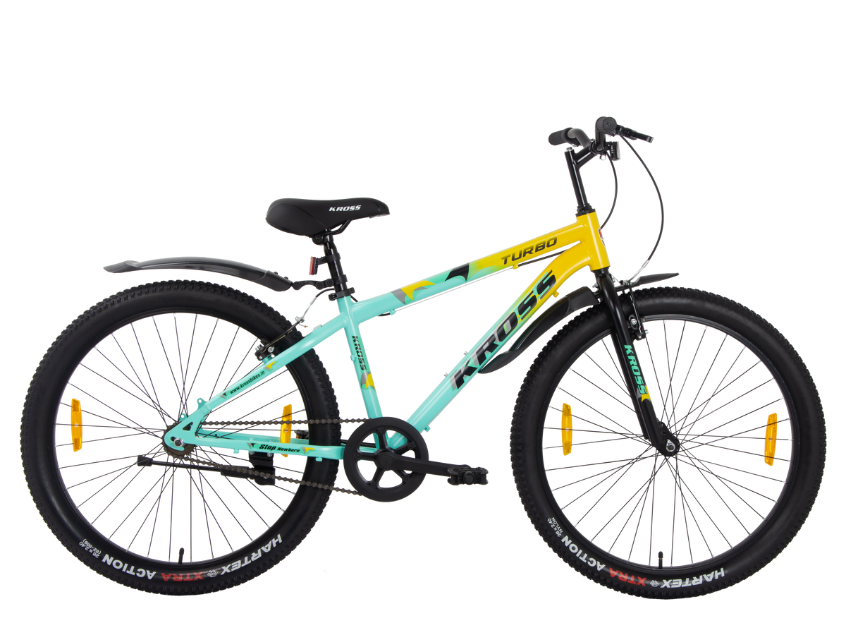 TURBO 26T Single Speed MTB – Rigid Fork, V-Brakes, Double Wall Alloy Rims, 26 × 2.40 Tyres (Yellow/Green)