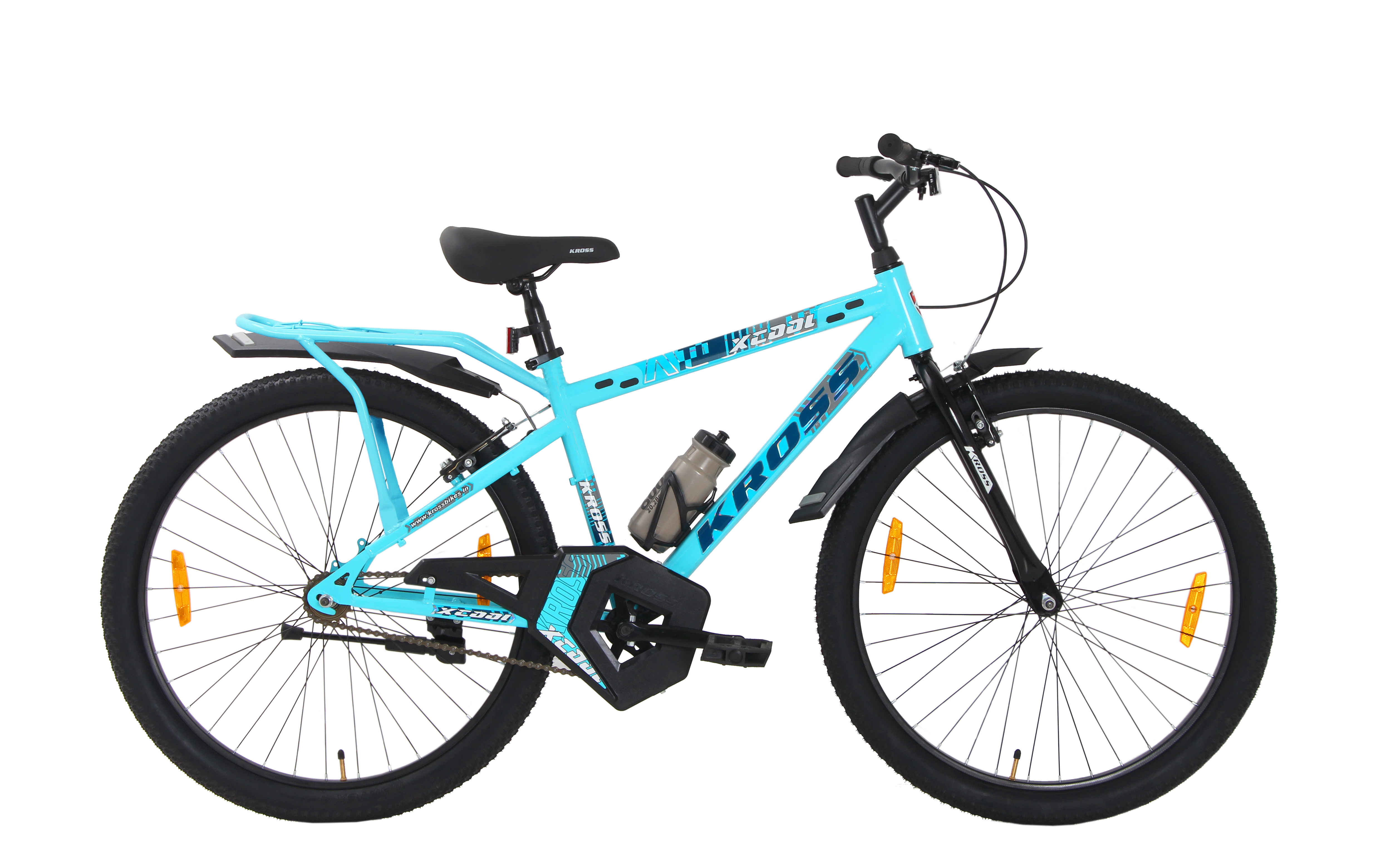 Kross XCool 26T Single Speed MTB Bicycle with Internal Cable Routing, V-Brakes, Water Bottle & Mudguards (Aqua Blue)