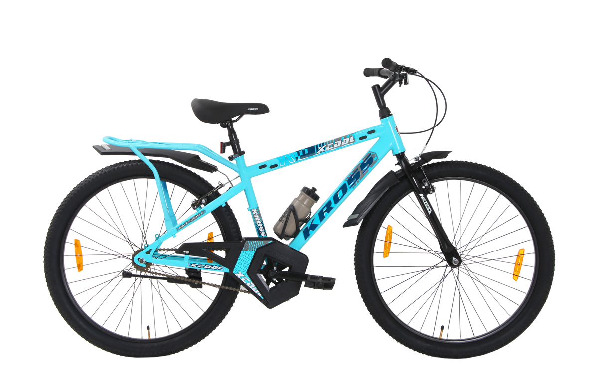 Kross XCool 26T Single Speed MTB Bicycle with Internal Cable Routing, V-Brakes, Water Bottle & Mudguards (Aqua Blue)