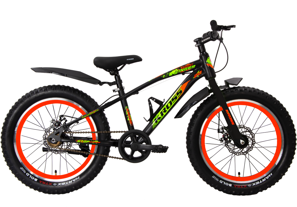 Kross Zinger 20T Steel Single Speed Kids Bicycle with Front & Rear Disc Brakes (20x3.0T, Alloy Rims, 11.6” Frame-Black-Orange)